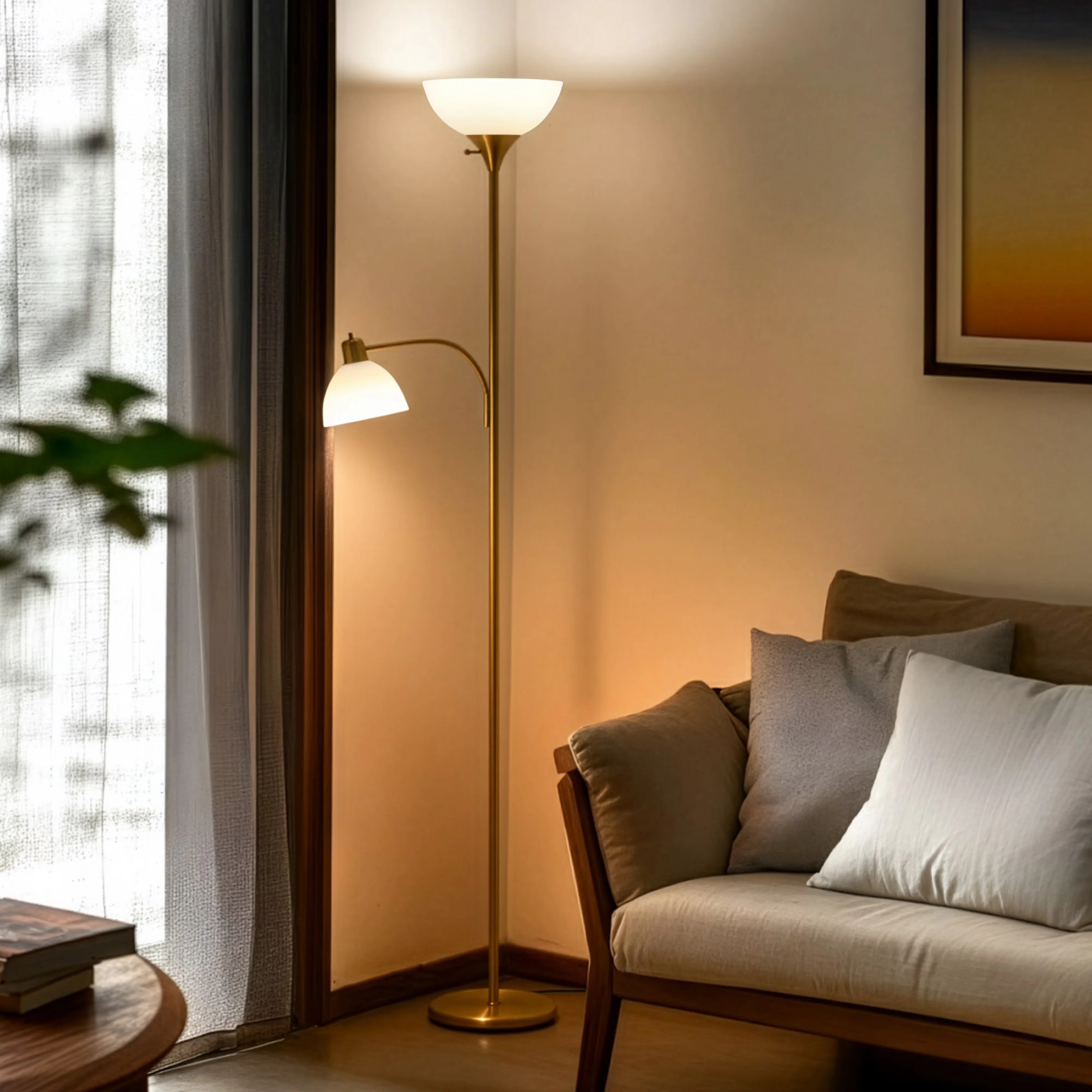 Stylish Floor Lamp with LED, Adjustable Head, Torchiere Lamps - White Brass Model E5B213