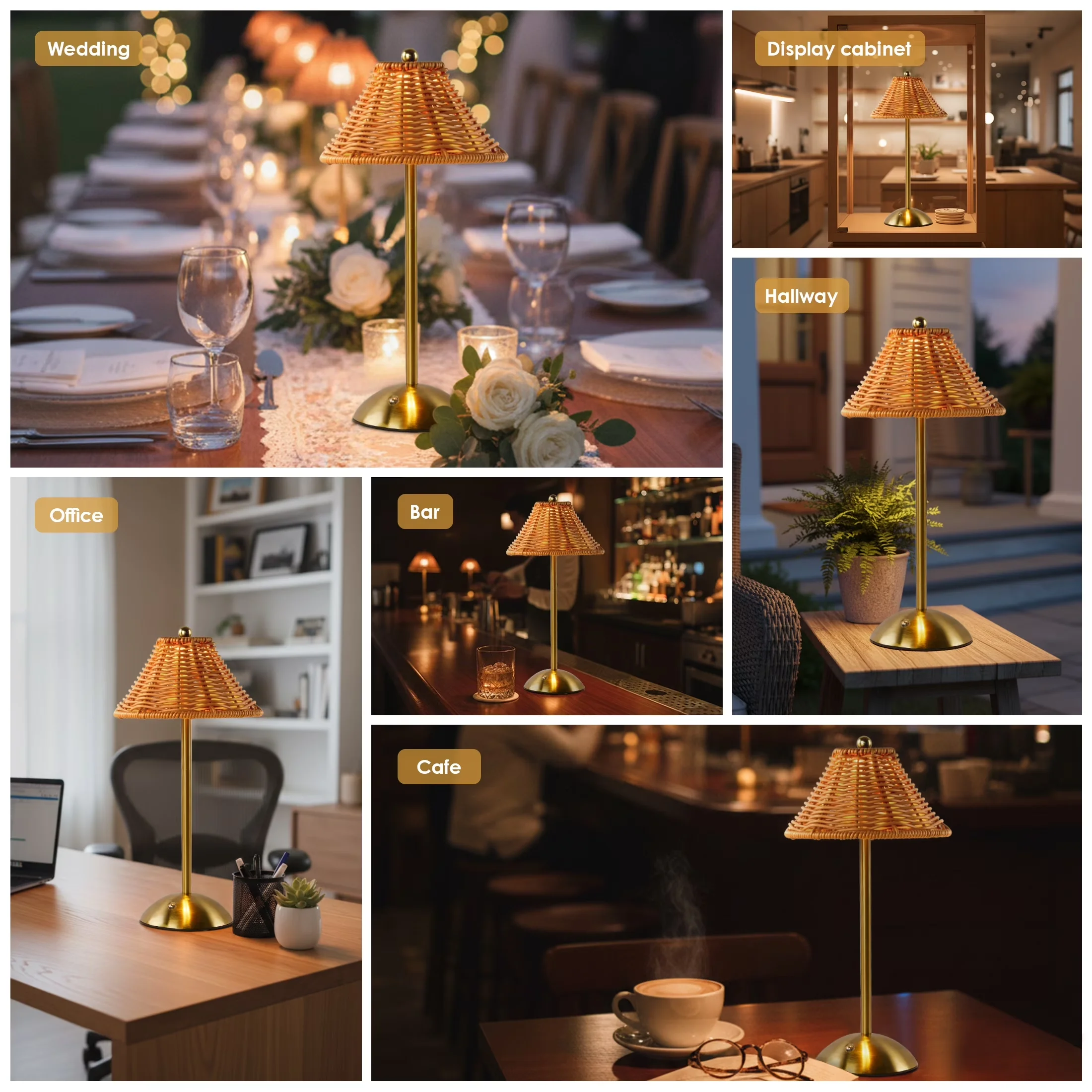 Quality Lamp with LED, Battery, Table Lamps - Beige Faux Rattan, Metal Model 610DD4
