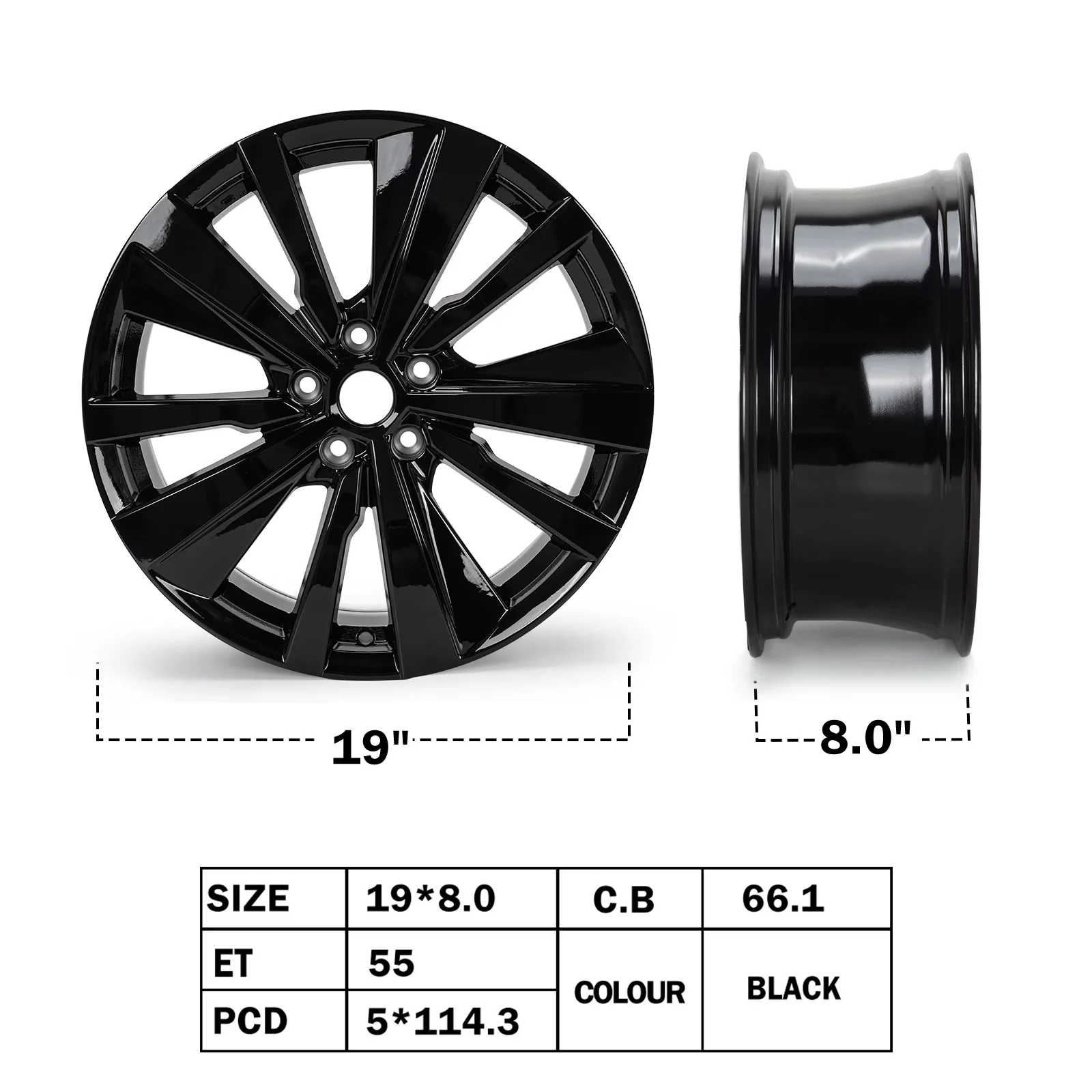 Versatile Wheels And Rim with Fitment: For 2019-2022 Nissan Altima, Hub Bore: 66.1 mm, Rim Size: 19" x 8" - Alloy Black Model CAA7A1