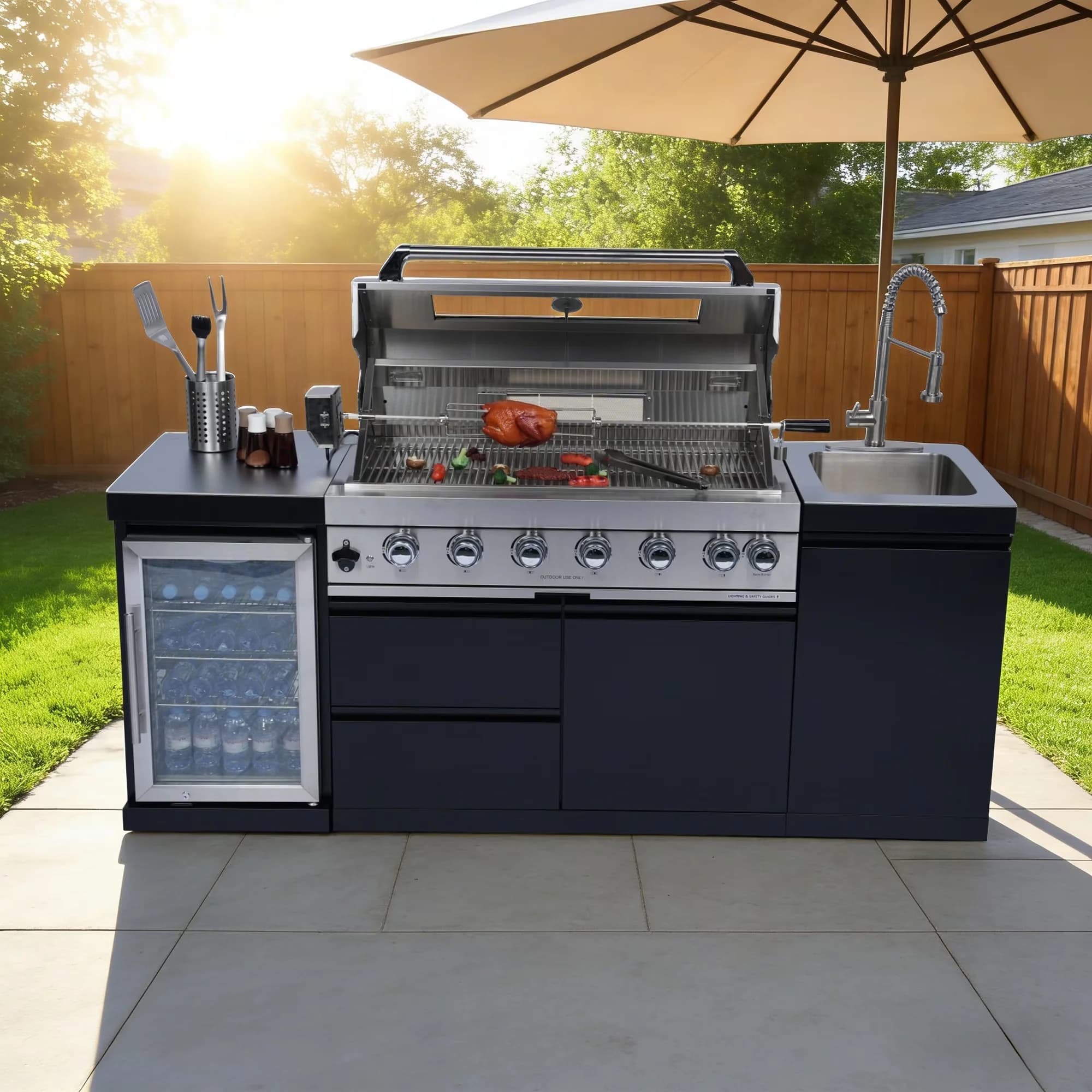 Premium Gas Grill with 85000 BTU, Enclosed Cabinet - Black Stainless Steel Model C9A7BD