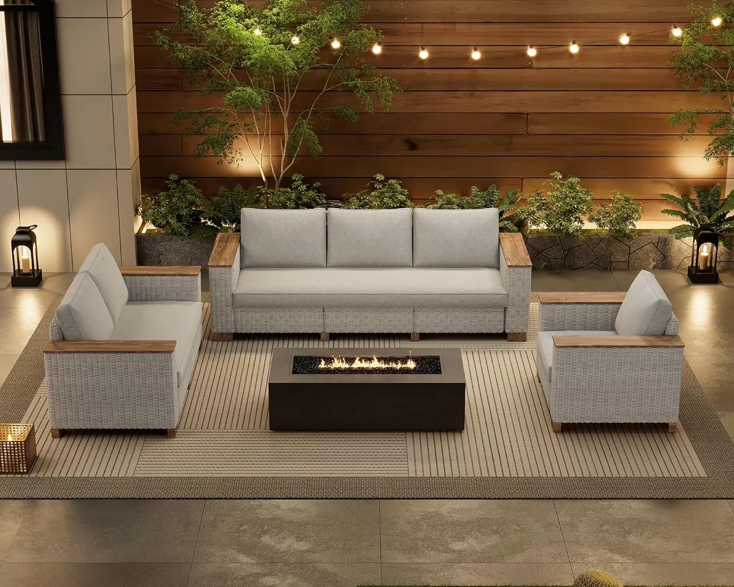Essential Outdoor Sofas Sectional with Water-Resistant, Modern - Beige Wicker; Iron; Acacia Wood Model 3B887A