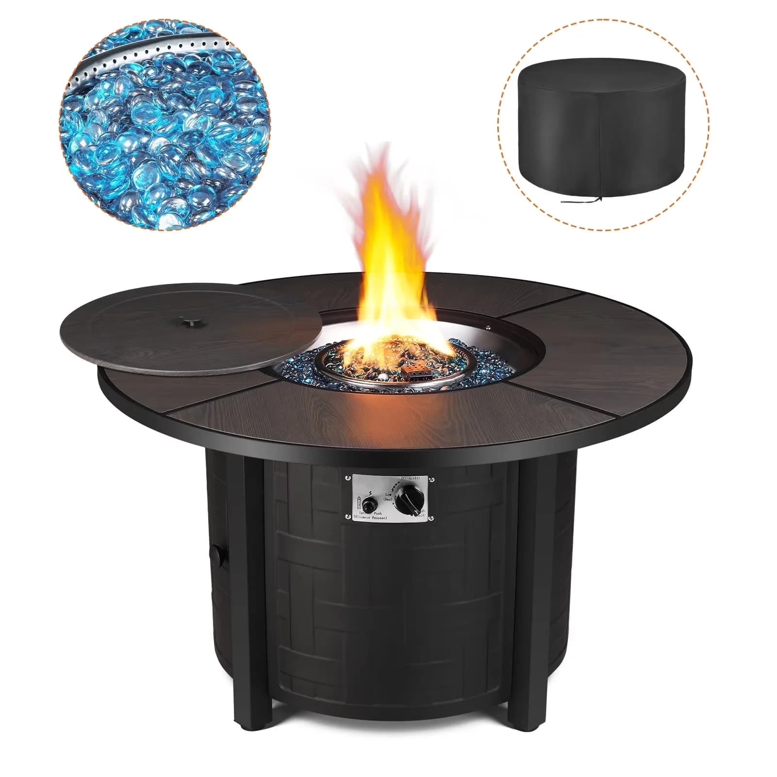 Essential Outdoor Heating with 50000 BTU, Automatic Shutoff - Black Iron, Stainless Steel, Blue Glass Rocks Model 65E4B6