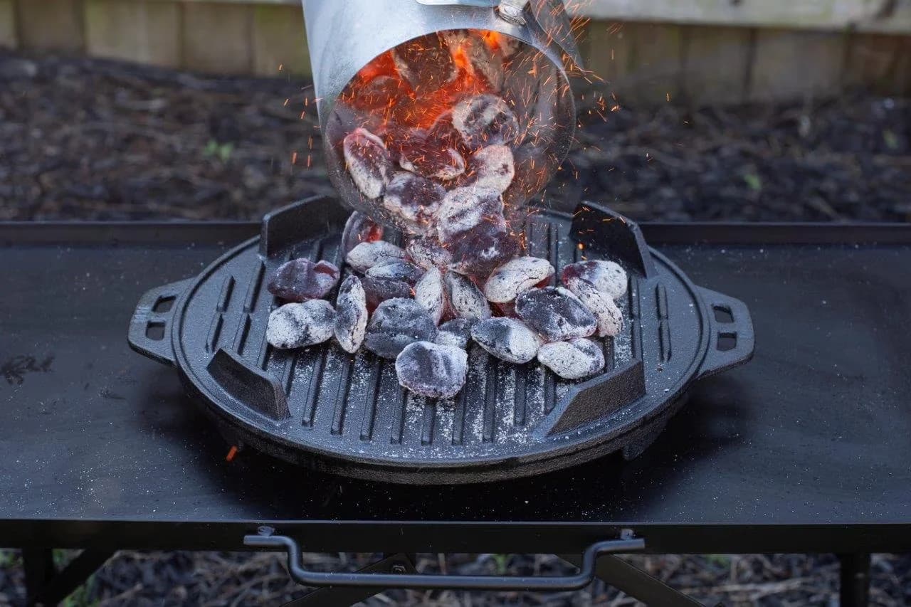 Flat Top Grill Essential with Portable, 12" Cast Iron Kickoff Grill, Perfect for Camping - Cast Iron Black Model 425C27