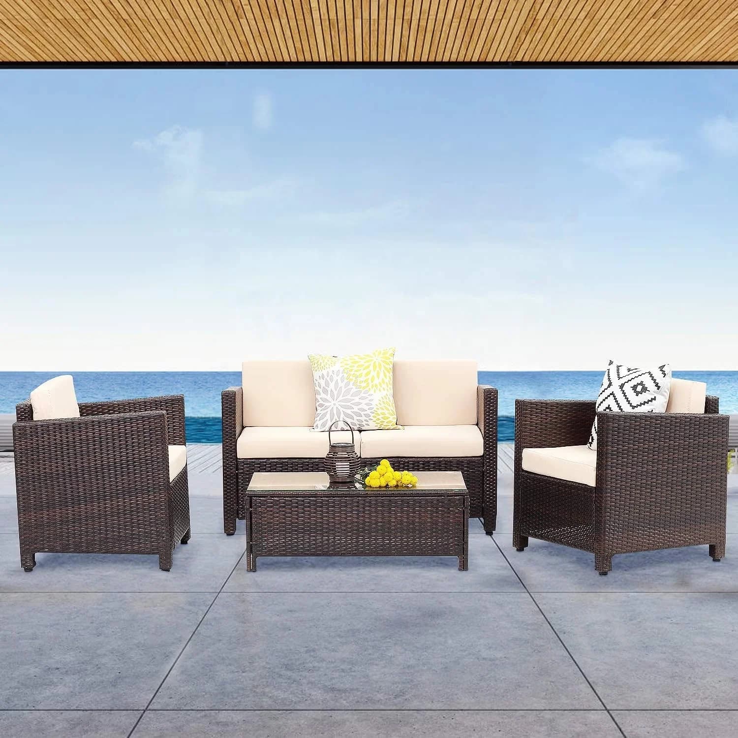 Patio Conversation Set Quality with Brown, Cushions, 4 Piece Outdoor Wicker - Rattan Brown Model 786145