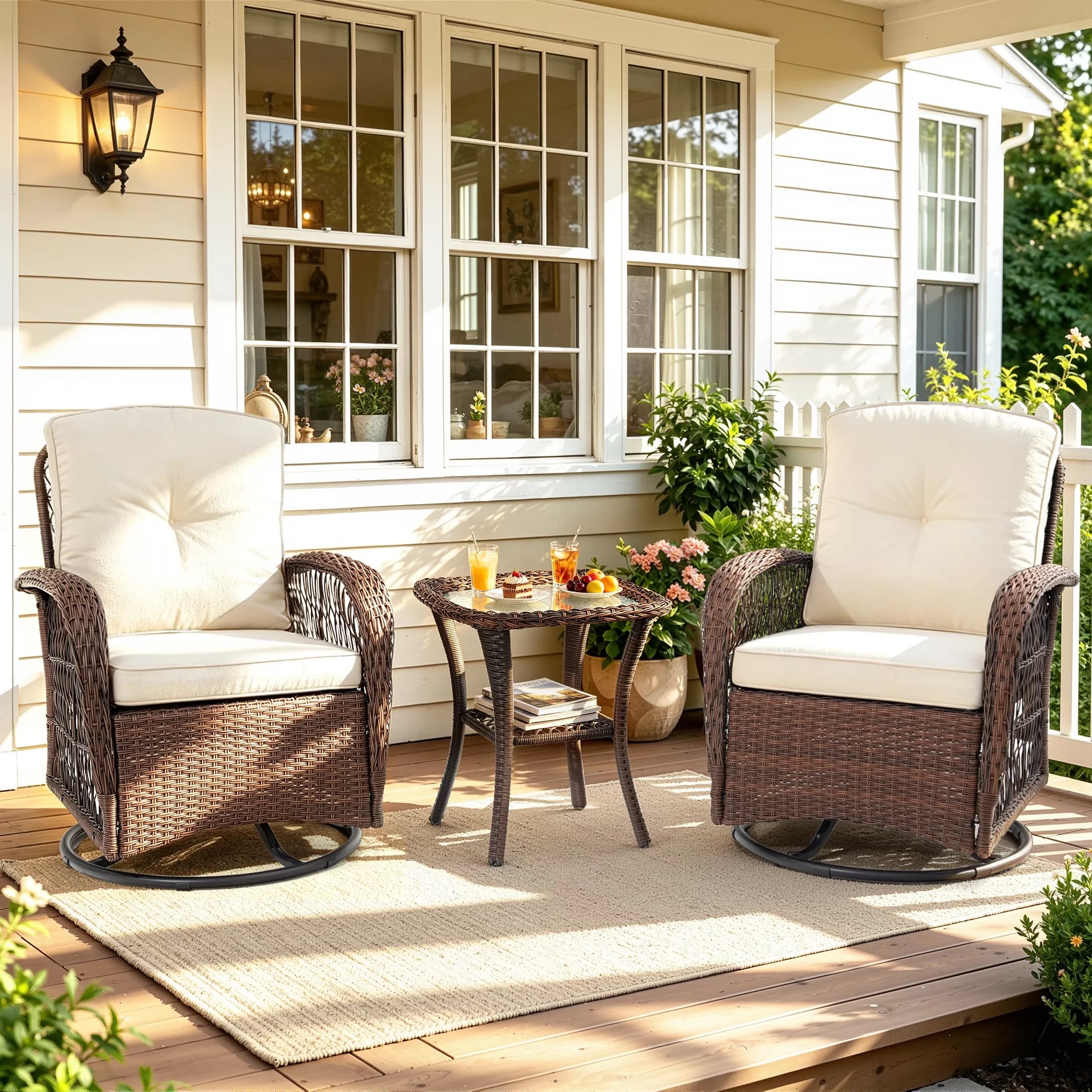 Efficient Patio Dining Set with Balcony Porch Furniture, 2-Tier Coffee Table, Thickened Cushions - Pe Rattan, Steel, Fabric & Acacia... Model FACD37