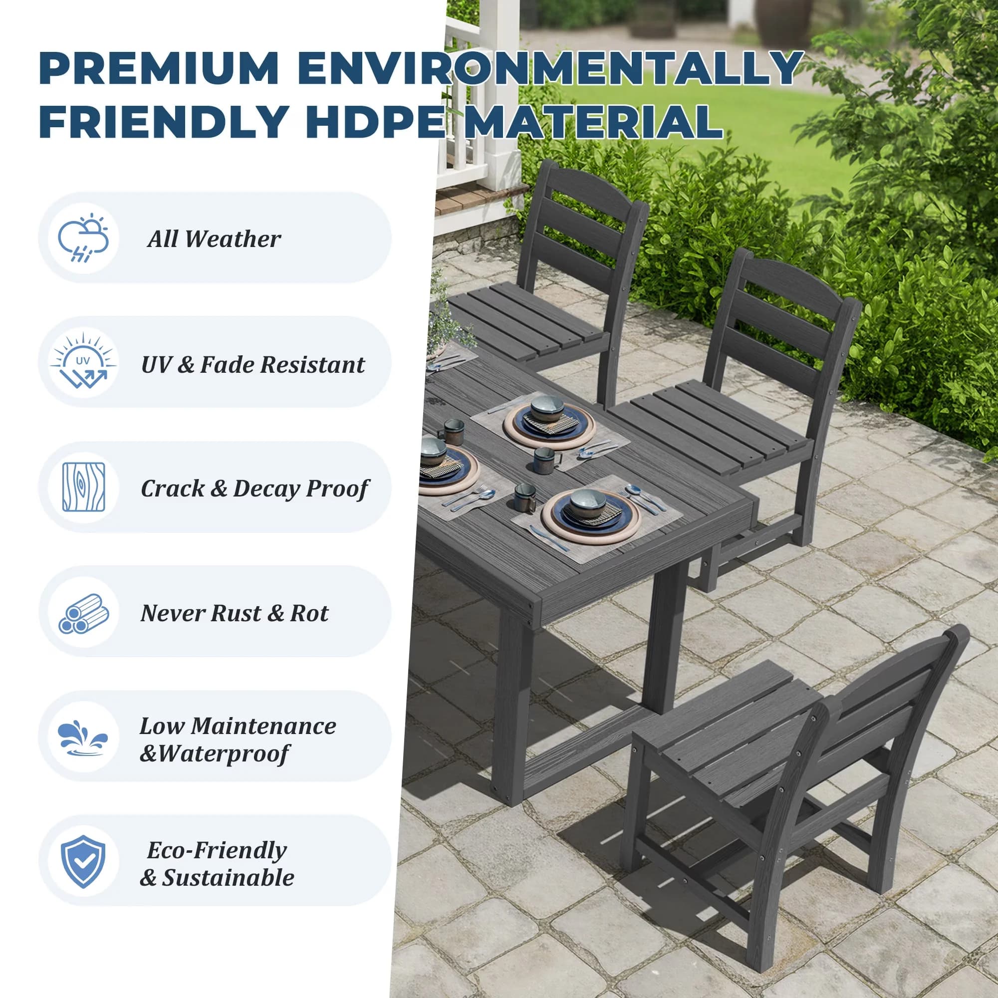 Patio Dining Set Professional with Umbrella Hole, Rectangular Table - 7-Piece(Armless Chair) Gray Model 9D24BE