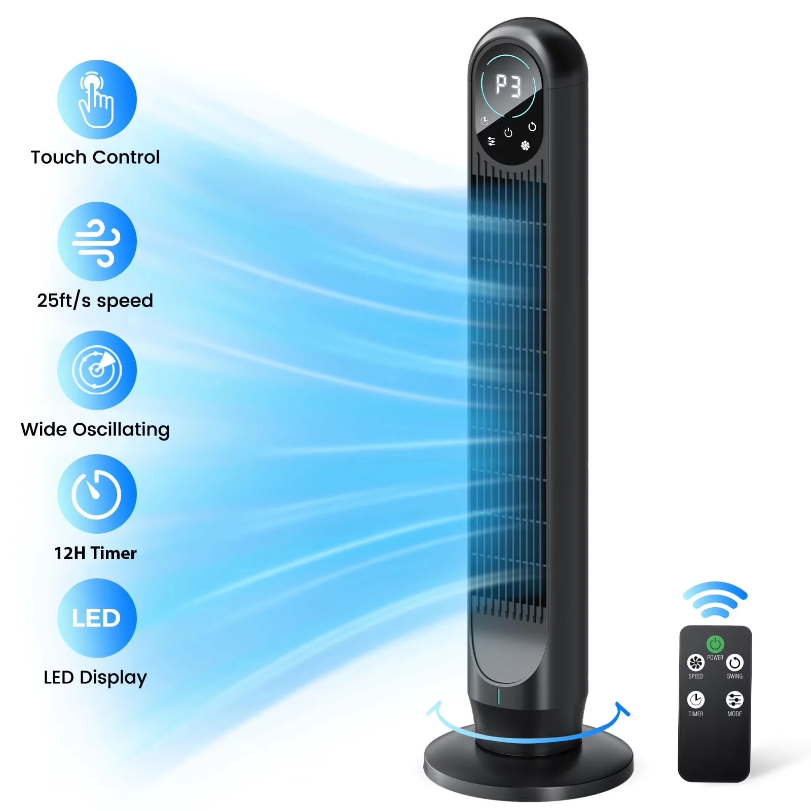 Modern Fans In Cooling with LED, Timer, Tower Fan - Black for Home 12H Model CC1C73
