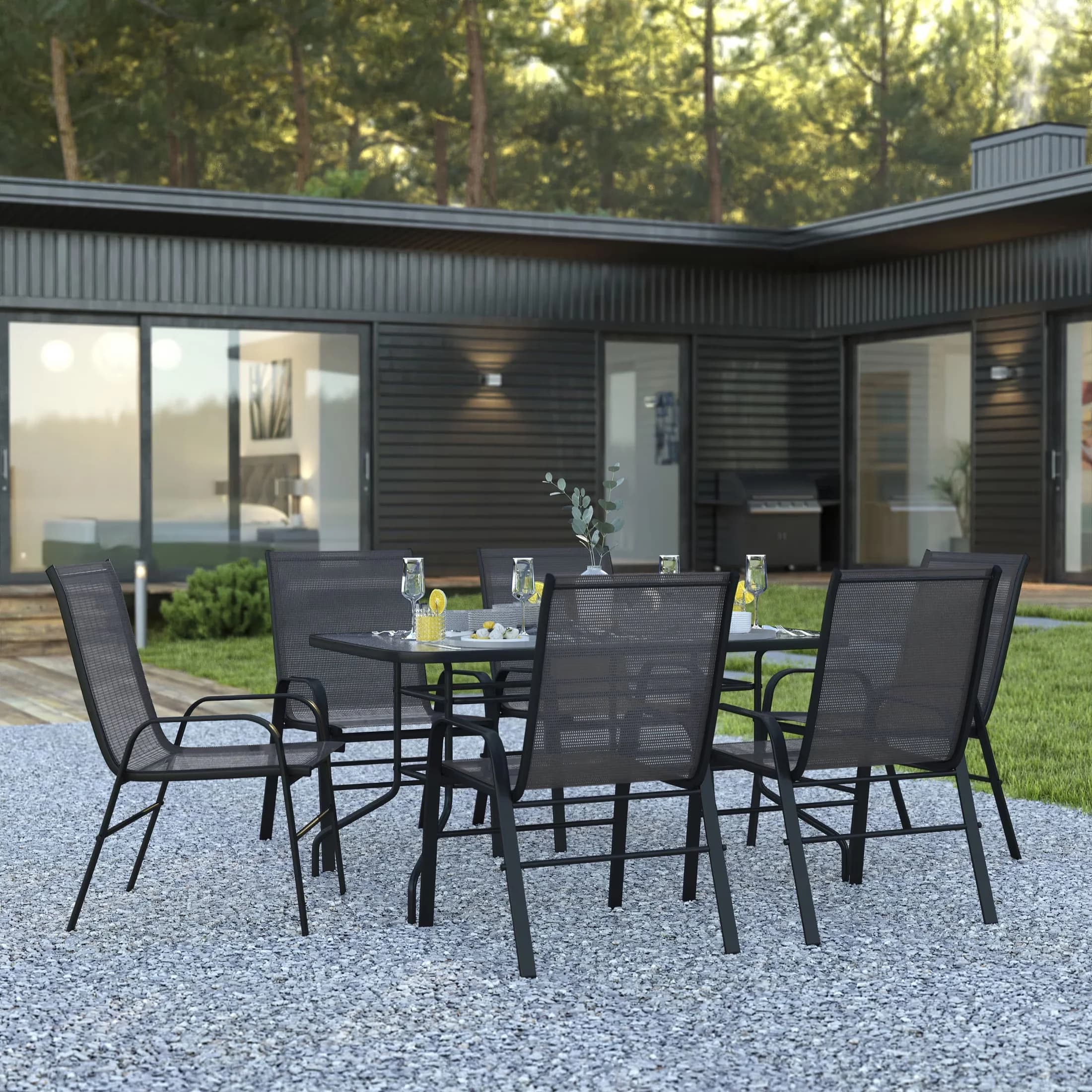 Patio Dining Set Modern with Seven Piece Table, 31.5" x 55" Metal Table, Seven Piece Patio Table and Chair Set - Steel, Textilene,... Model EDFD06