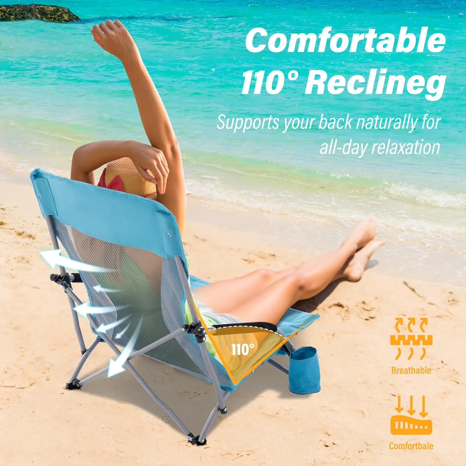 Quality Beach Chair with Folding, Low Chairs - Blue - Professional Series Model 30EB3F