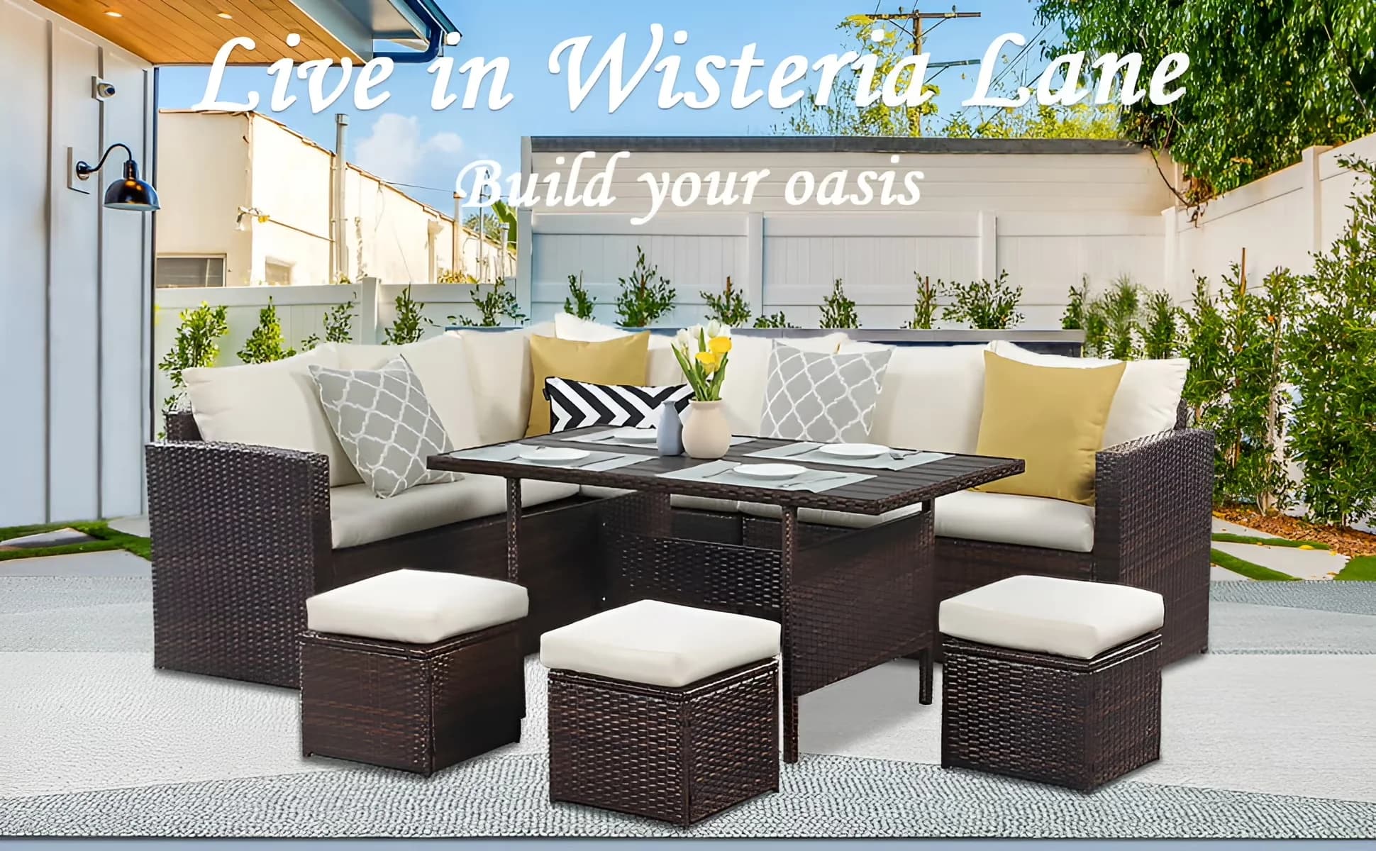 Premium Outdoor Sofas Sectional with Fade Resistant, Traditional - Beige Wicker, Yarn-Dyed Fabric, Steel, Rattan, Polyester Model 38902D