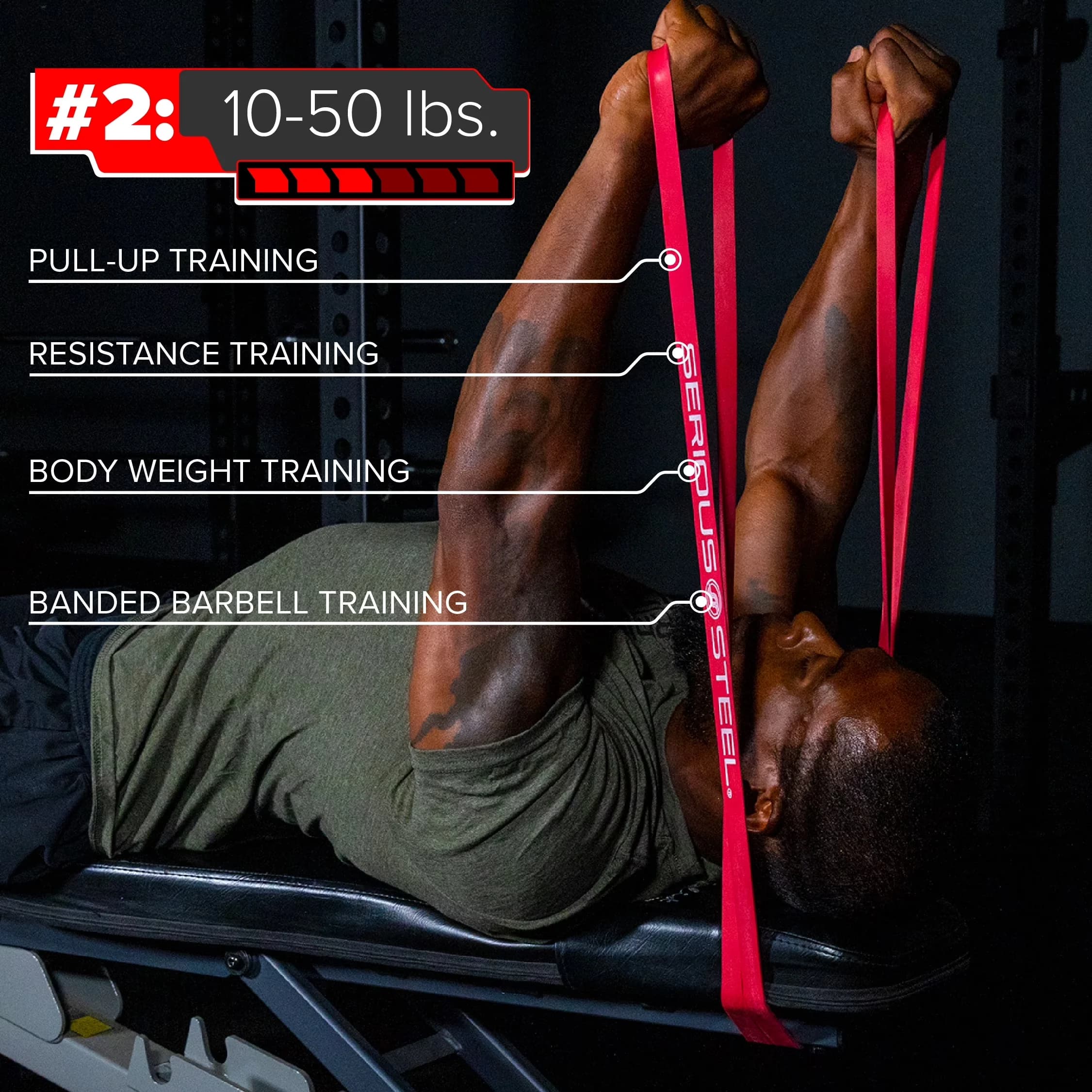 Versatile Home Gym Accessory with #2 Red Band: 13/16" / 10-50 lbs, 41" Pull Up Band, #4 Green Band: 1 3/4" / 50-120 lbs - Red Rubber Model 962988