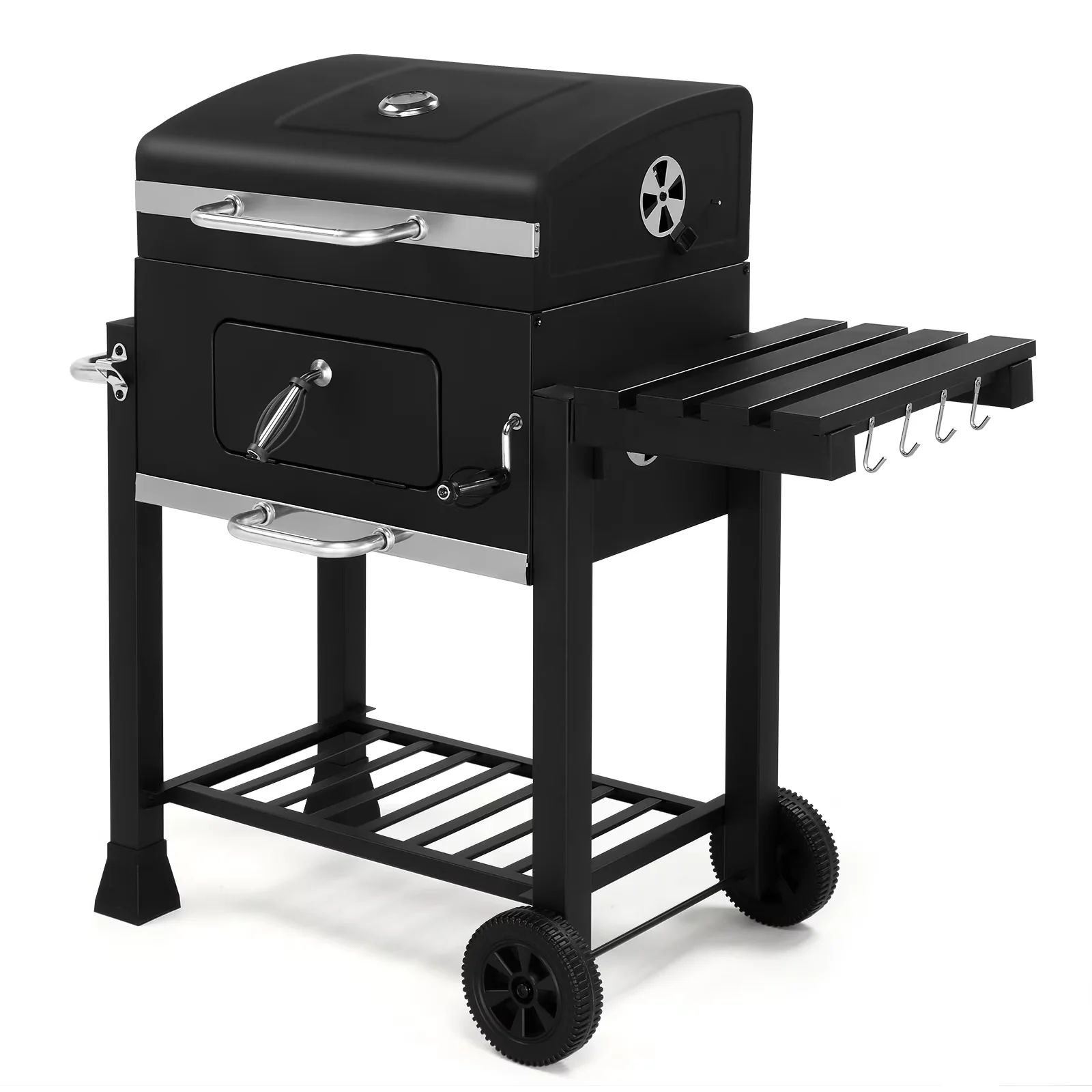 Premium Charcoal Grill with Adjustable Air Vents, 2 wheels are easy to carry anywhere., Liftable Tray - Steel Black Model 06D4E7
