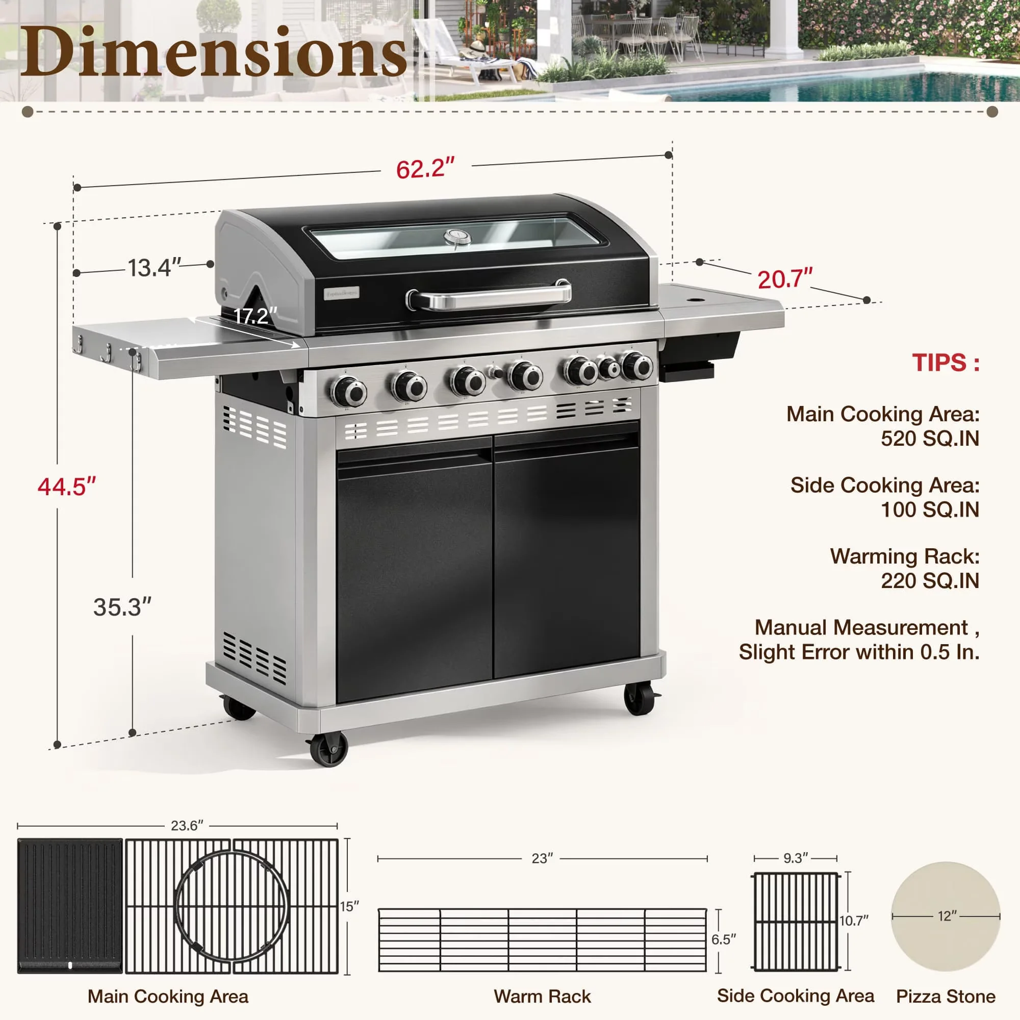 Essential Gas Grill with 13500 BTU, Heat Thermometer - Black Porcelain Enameled; Stainless Steel Model AD6AD8
