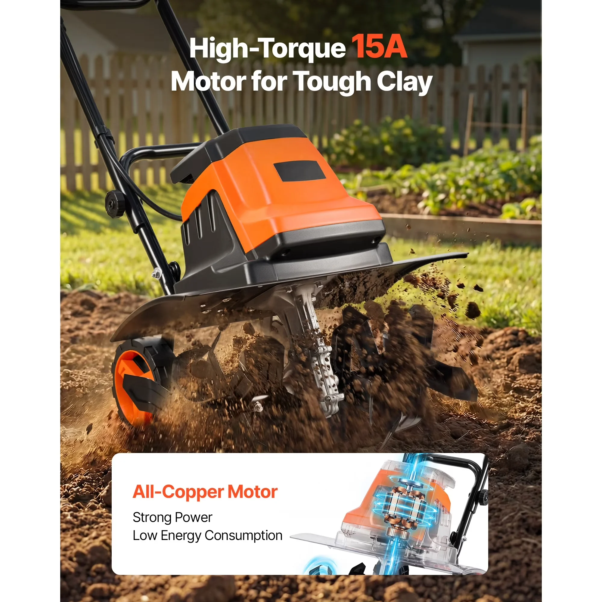 Durable Trillers Cultivator with 15-Amp Motor Tilling Machine, Durable Steel Tines and Foldable Handle - Model C7258B