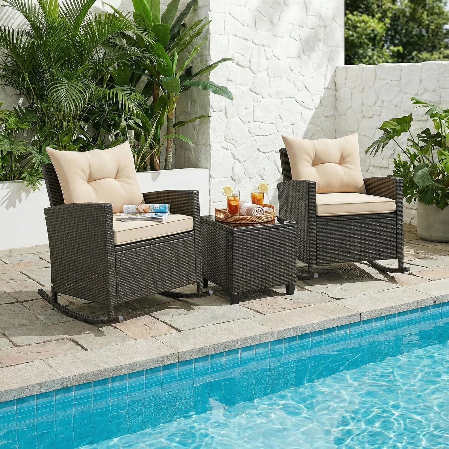 Patio Conversation Set Stylish with Outside Sets, Color of Rattan: Mix Brown, Tempered Glass Table and Soft Cushions - Pe Rattan,... Model BAAB4E