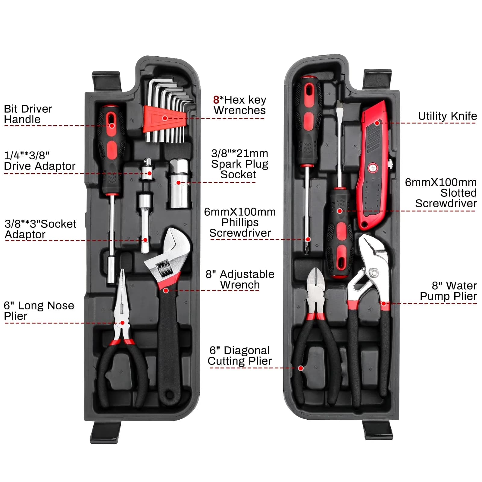 Hand Tool Set Stylish with Easy To Remove, Adjustable Wrench, 95-Piece Mechanics - Red Model 9F1BDA
