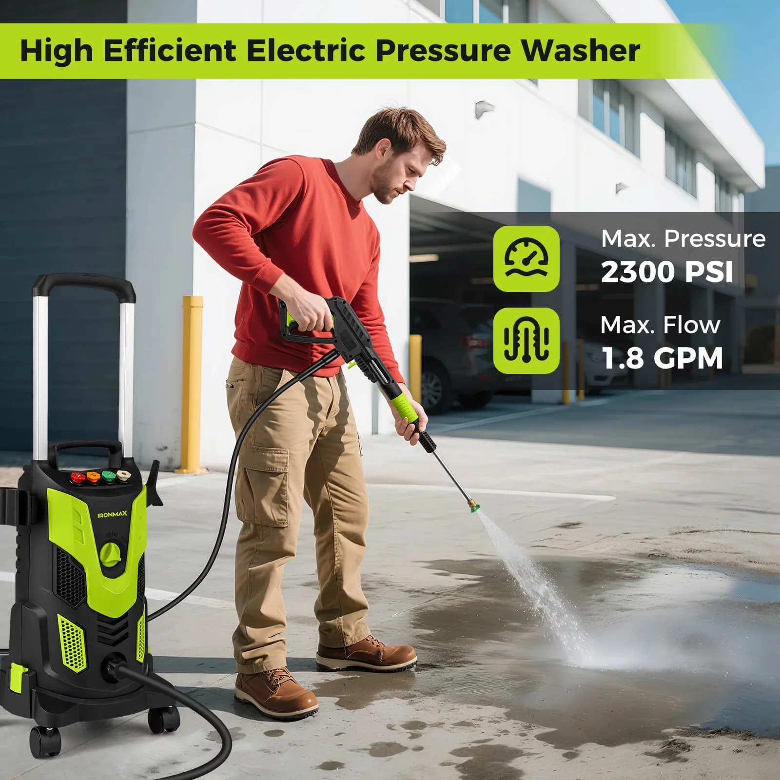 Pressure Washer Modern with Quick Connect Tips, Ironmax Electric, 4 Nozzles & Soap Bottle Lockable Wheels - Model C1B0EE