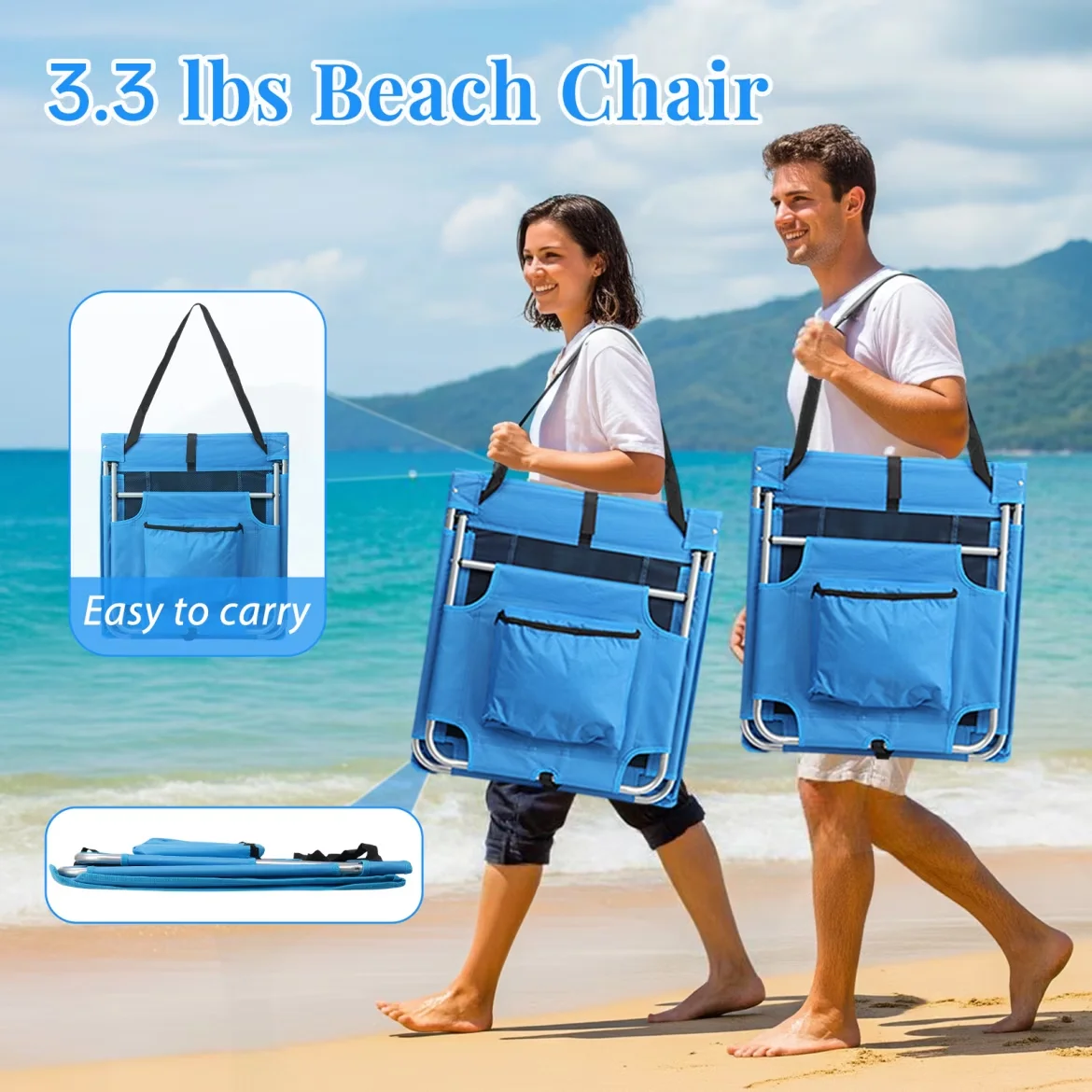 Durable Beach Chair with Folding, Cooler Pocket and Carry Strap - Blue Iron Tube, Oxford Fabric Model DAC438