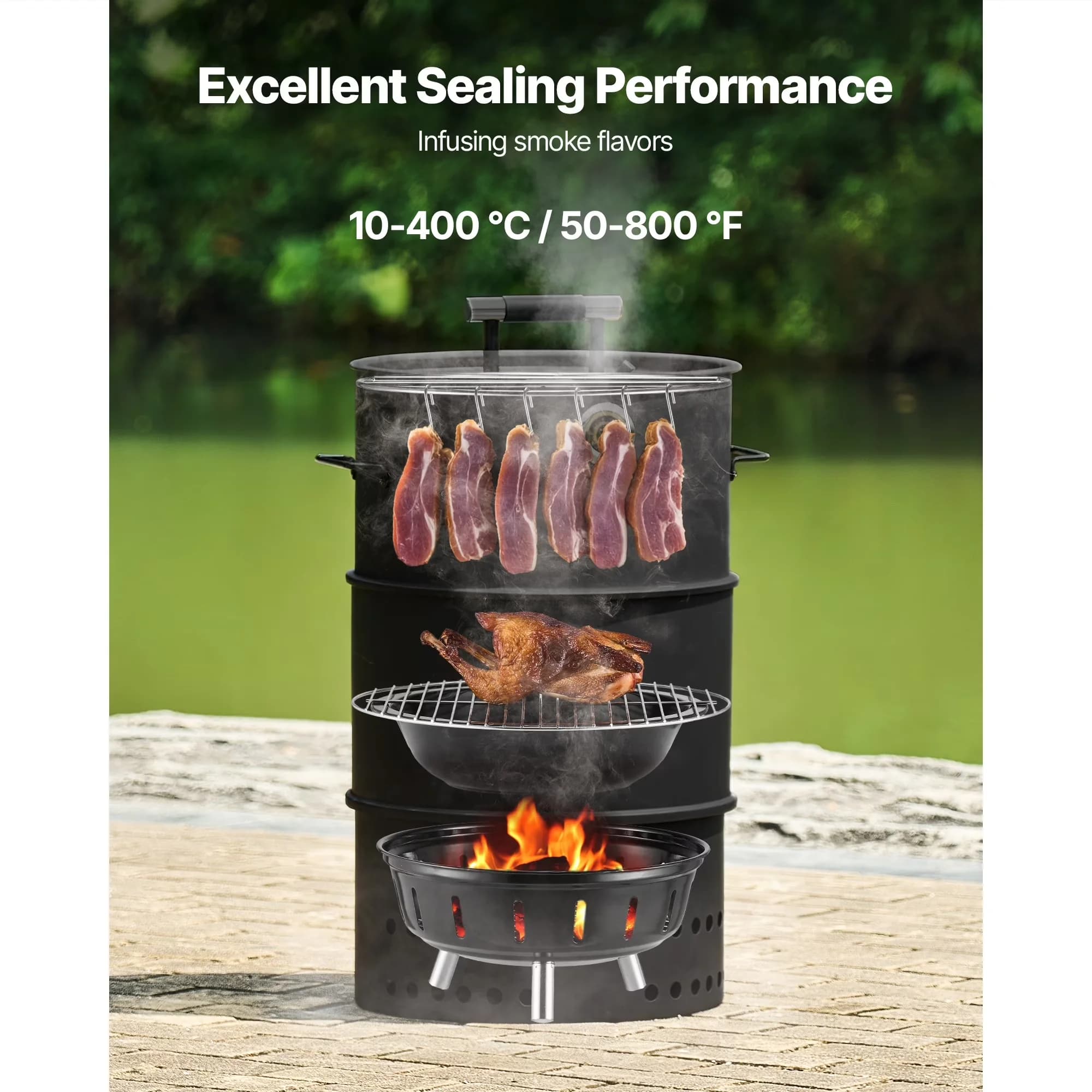 Sleek Smoker with Hanging Rod, Coated Steel Construction - Black Metal for Outdoor Model E0B051