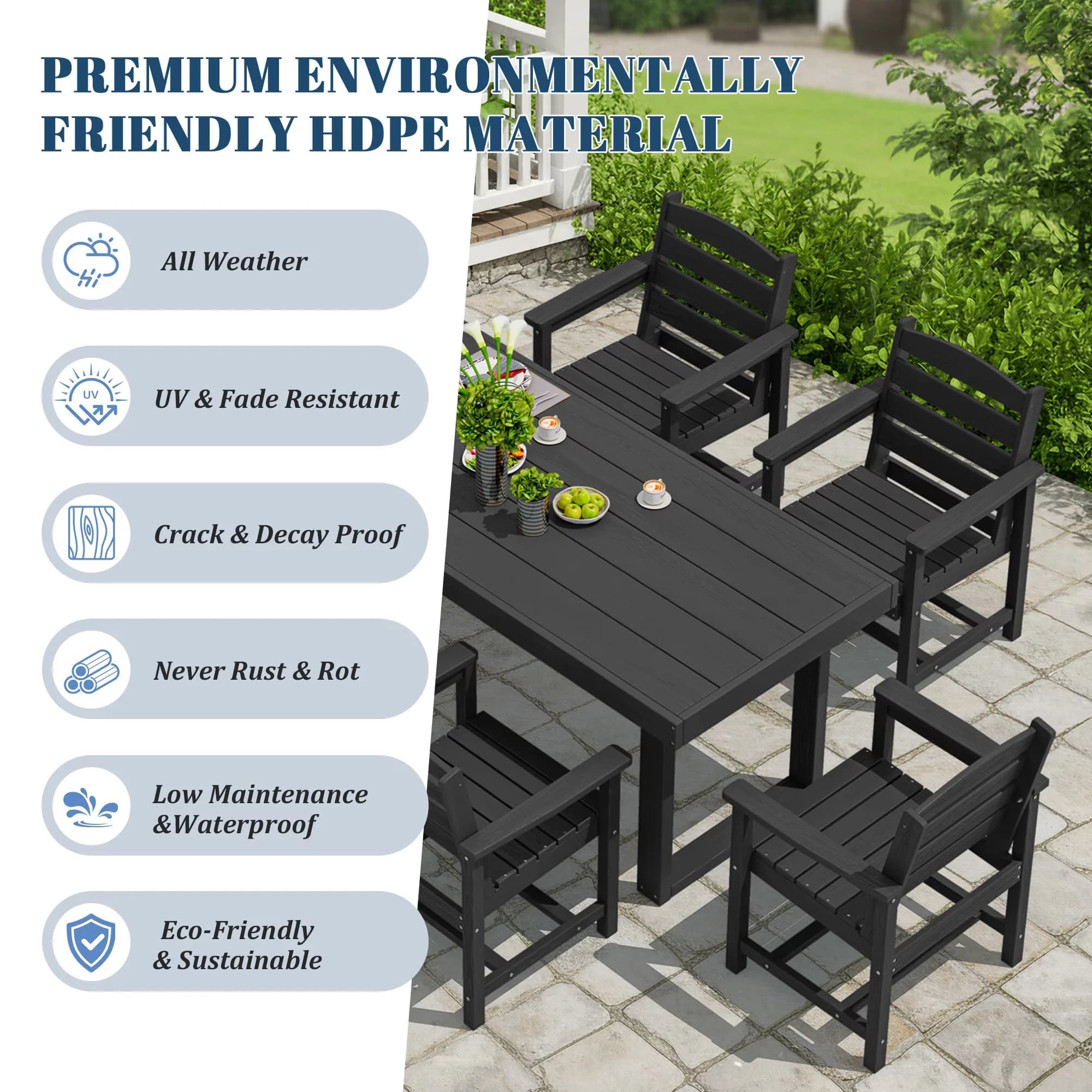 Stylish Patio Dining Set with Umbrella Hole, Seats 6, Rectangular Table - Black 7-Piece Model 9570B4
