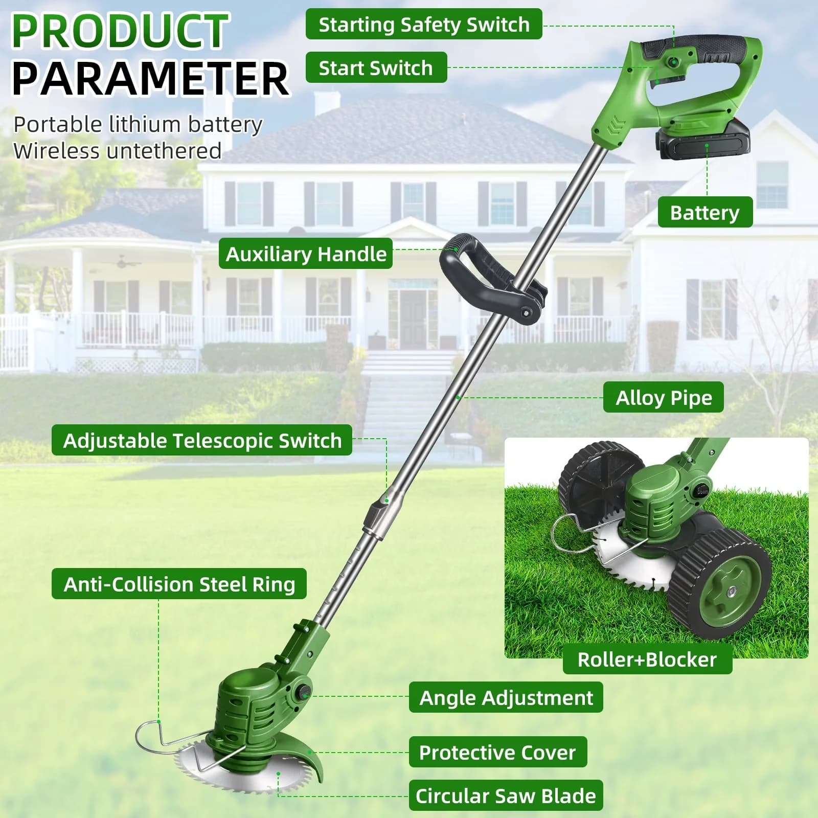 Stylish String Trimmer with Battery, Extendable, Cordless lawn mower - Green Model 404A41