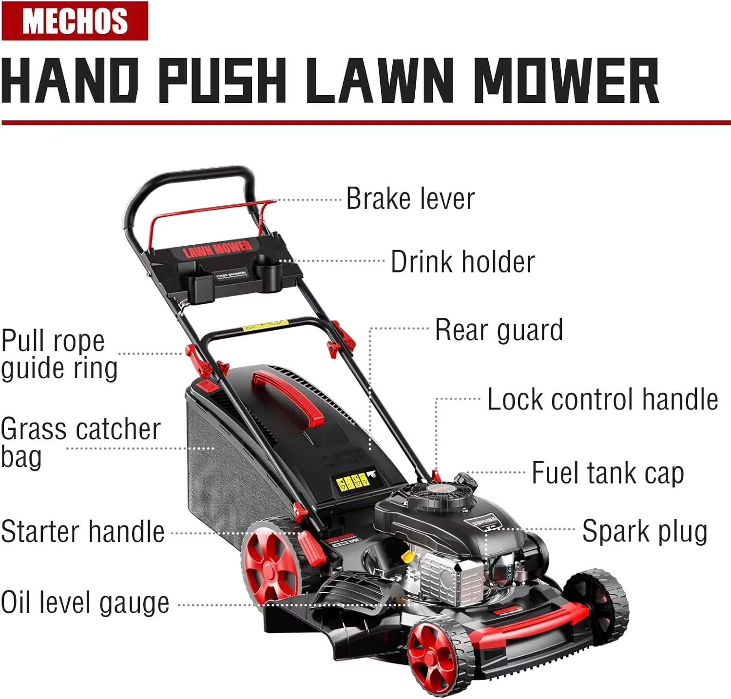 Push Mower Versatile with Adjustable Cutting Height, gasoline-powered lawnmower, 210cc four-stroke engine - Black Model AF6D42