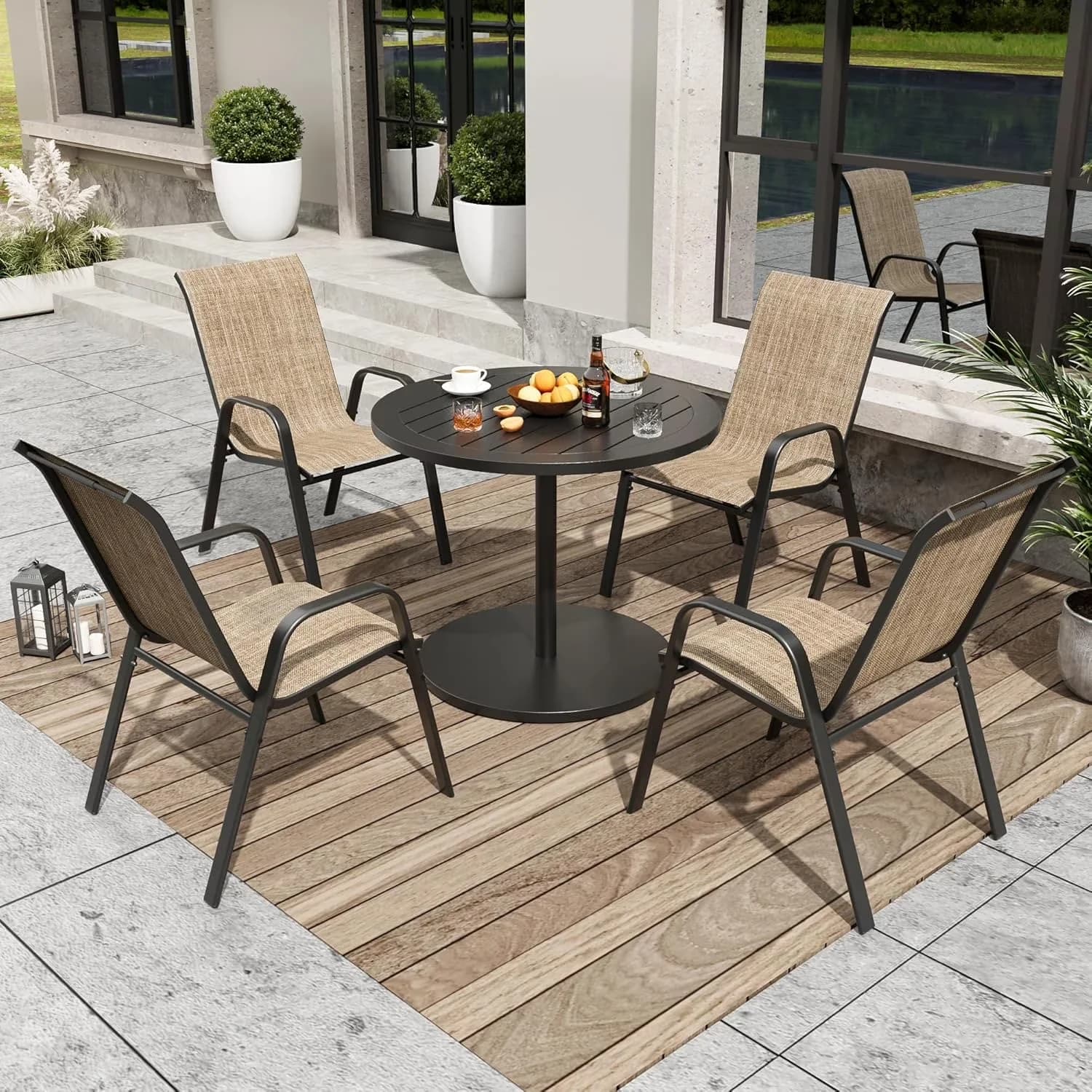Efficient Patio Chair with Stackable, Water-Resistant - Metal & Textilene Fabric & Wood Brown Model ED6ACA