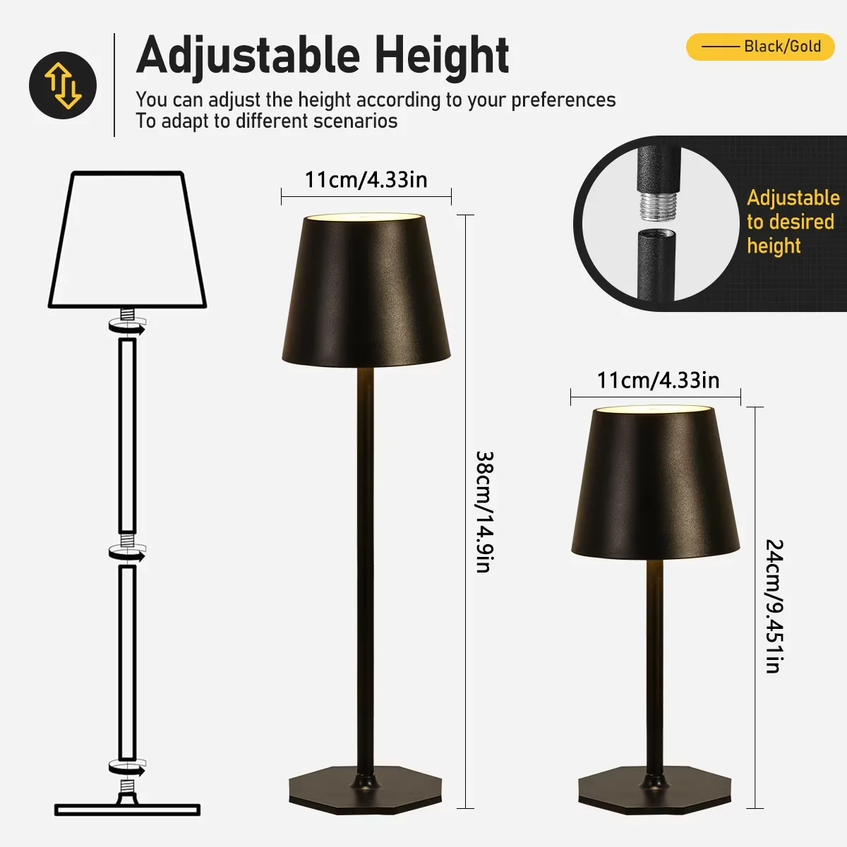 Durable Desk Lamp with LED, Battery, 2 Pack Rechargeable Table - Black Model 7F9099