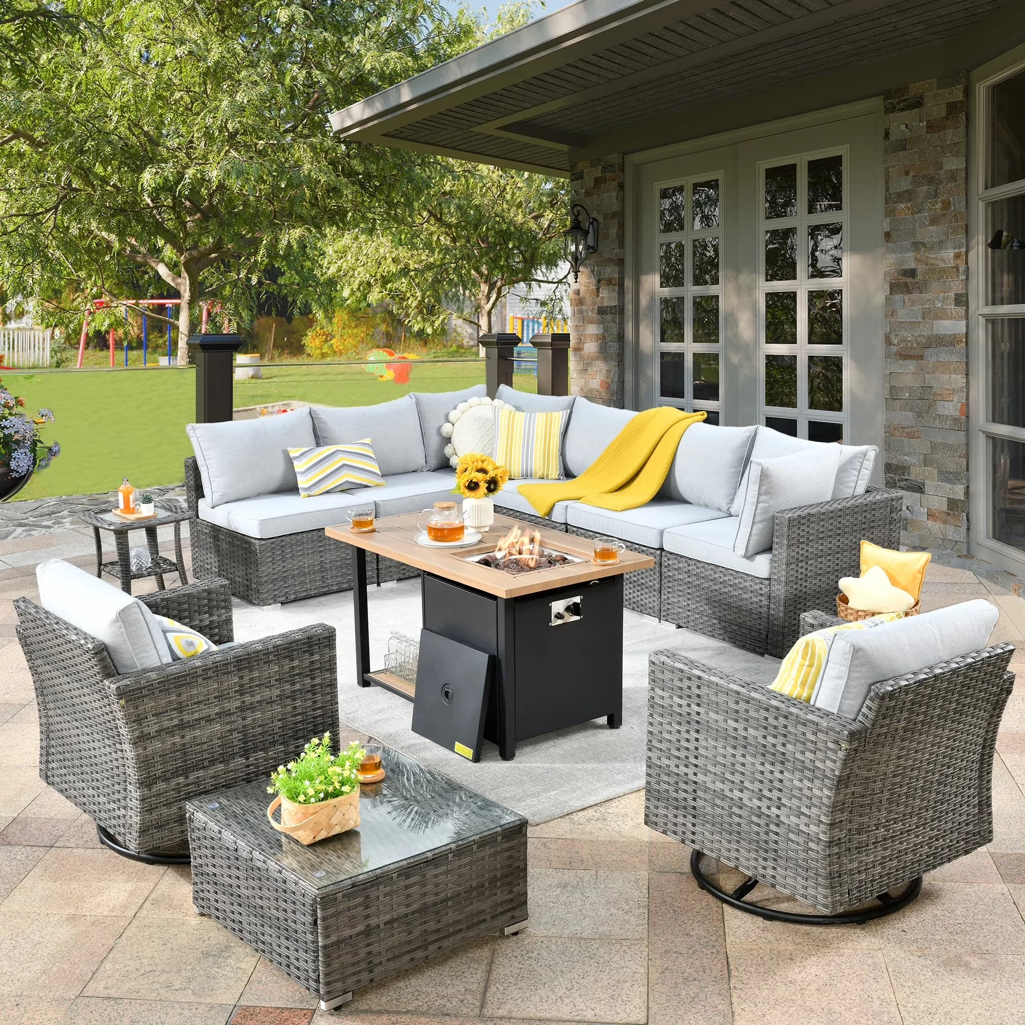 Compact Outdoor Sofas Sectional with Water-Resistant, Swivel Rocking Chair and Fire Pit Table, Grey - Pe Wicker Grey Model 4BC2CC