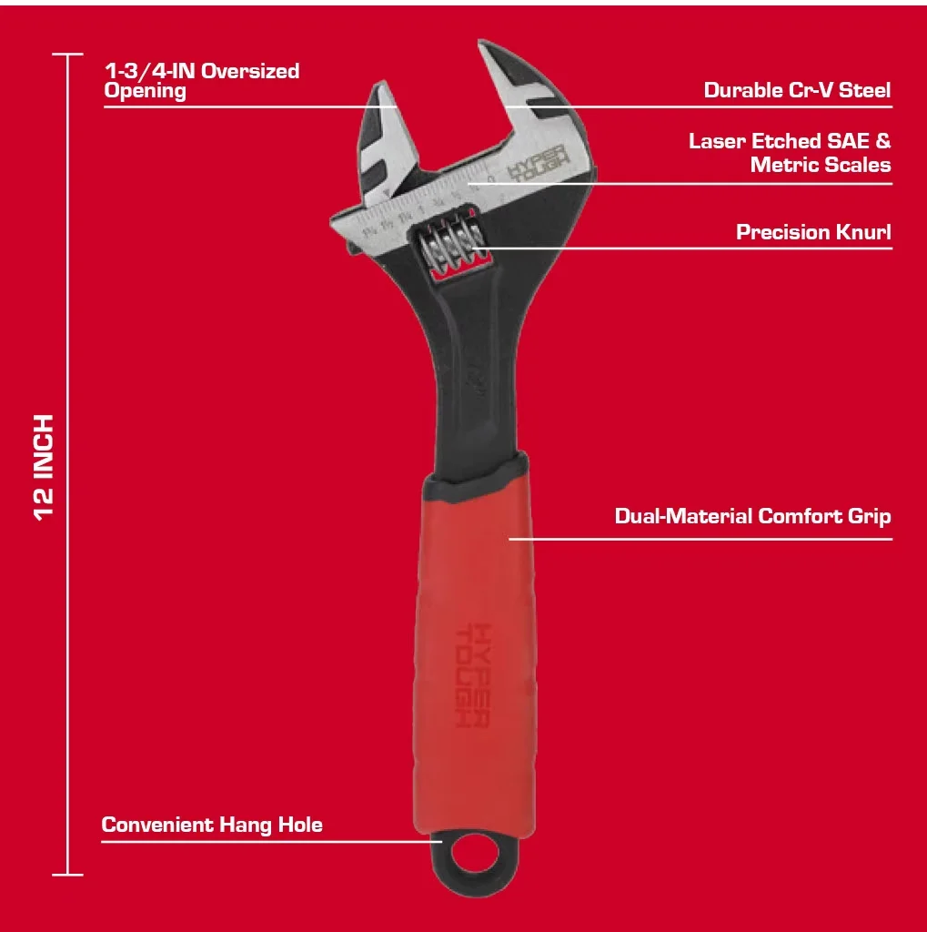 Hand Tool Quality with Adjustable, 12-inch Wide Jaw Adjustable Wrench, Dual Material Comfort Grips - Red 12-INCH Model CC6329