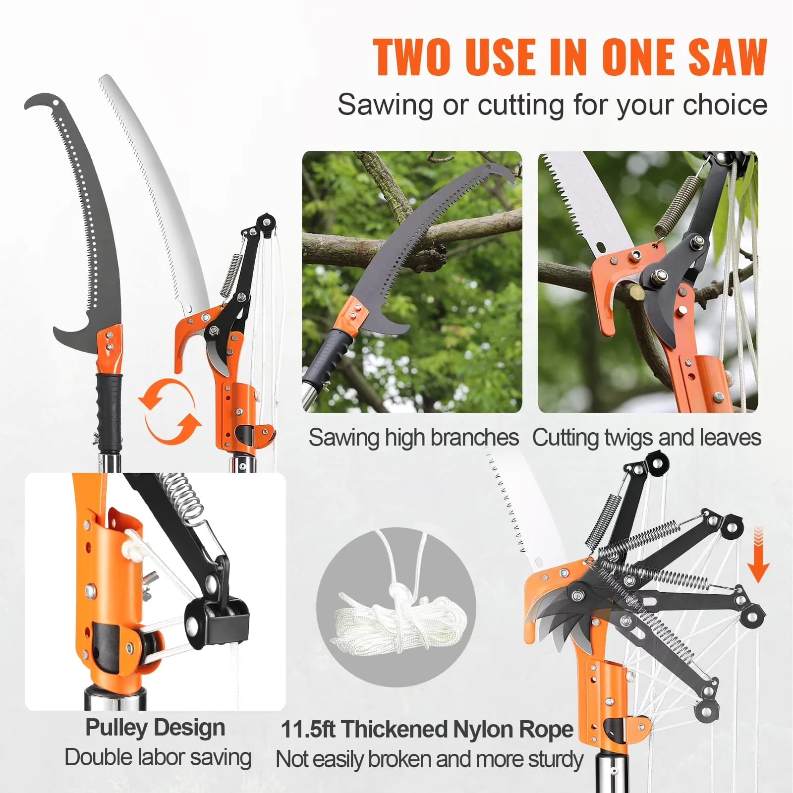 Efficient Pole Saw with Adjustable 7.3-27 ft Tree Cutter, Keen Steel Blade and Shears - Orange Model 26FD5A