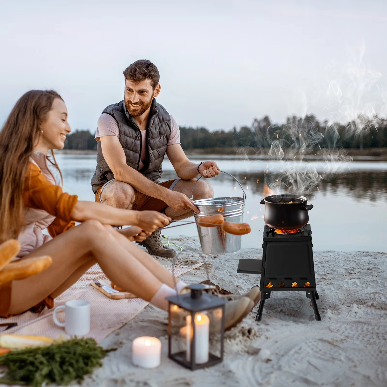 Classic Flat Top Grill with Portable, Portable Wood Burning Camping Stove Set, Foldable Outdoor Cooking Stove - Black Alloy Steel Model E87DB0