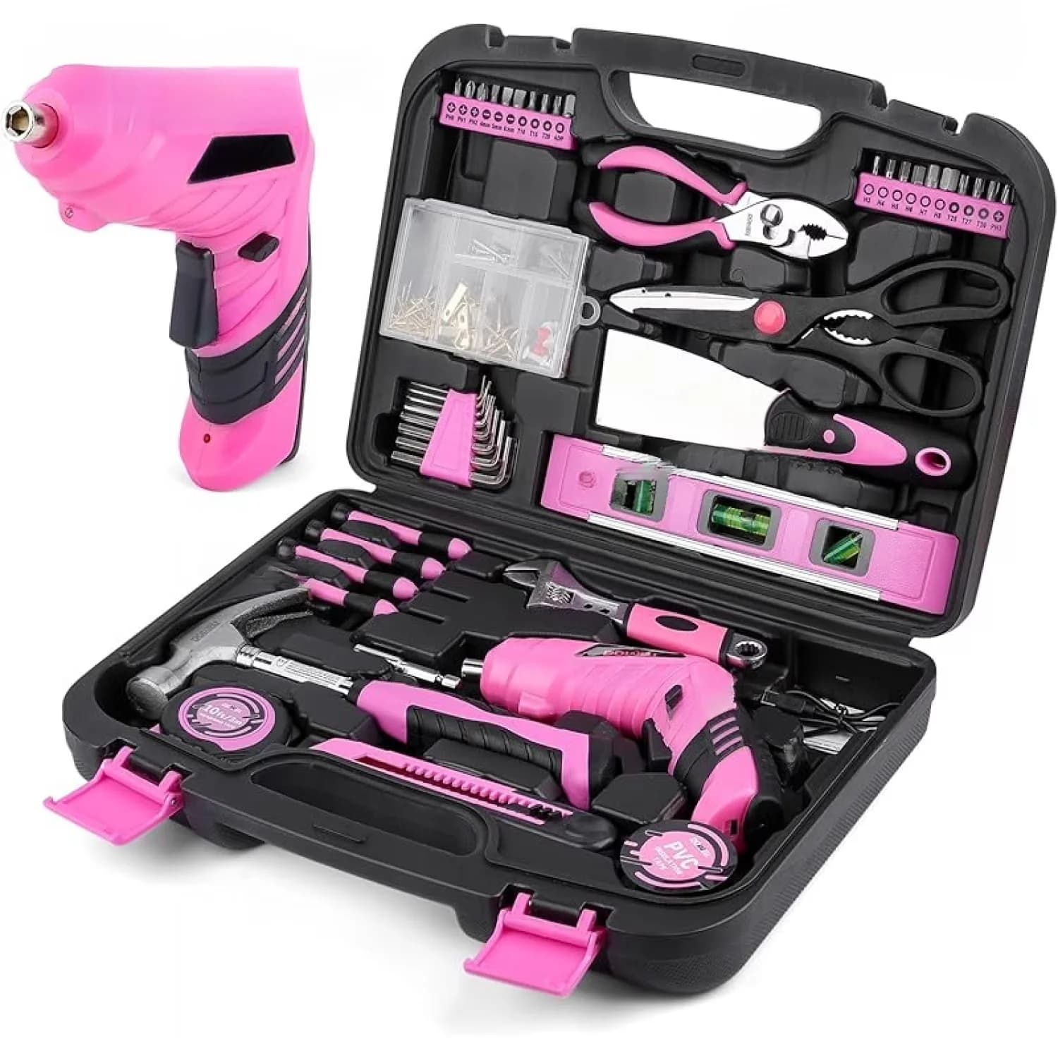 Sleek Drills Driver with Battery, LED, 147 Pcs Pink Tool Kit - Pink 12V Model 03CE3D