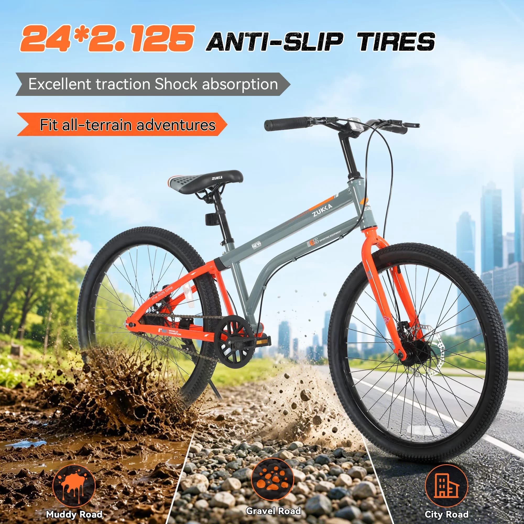Modern Kids Bike with Adjustable Handlebar Height, 24 Inch - Gray - Industrial Grade Model 49AD01