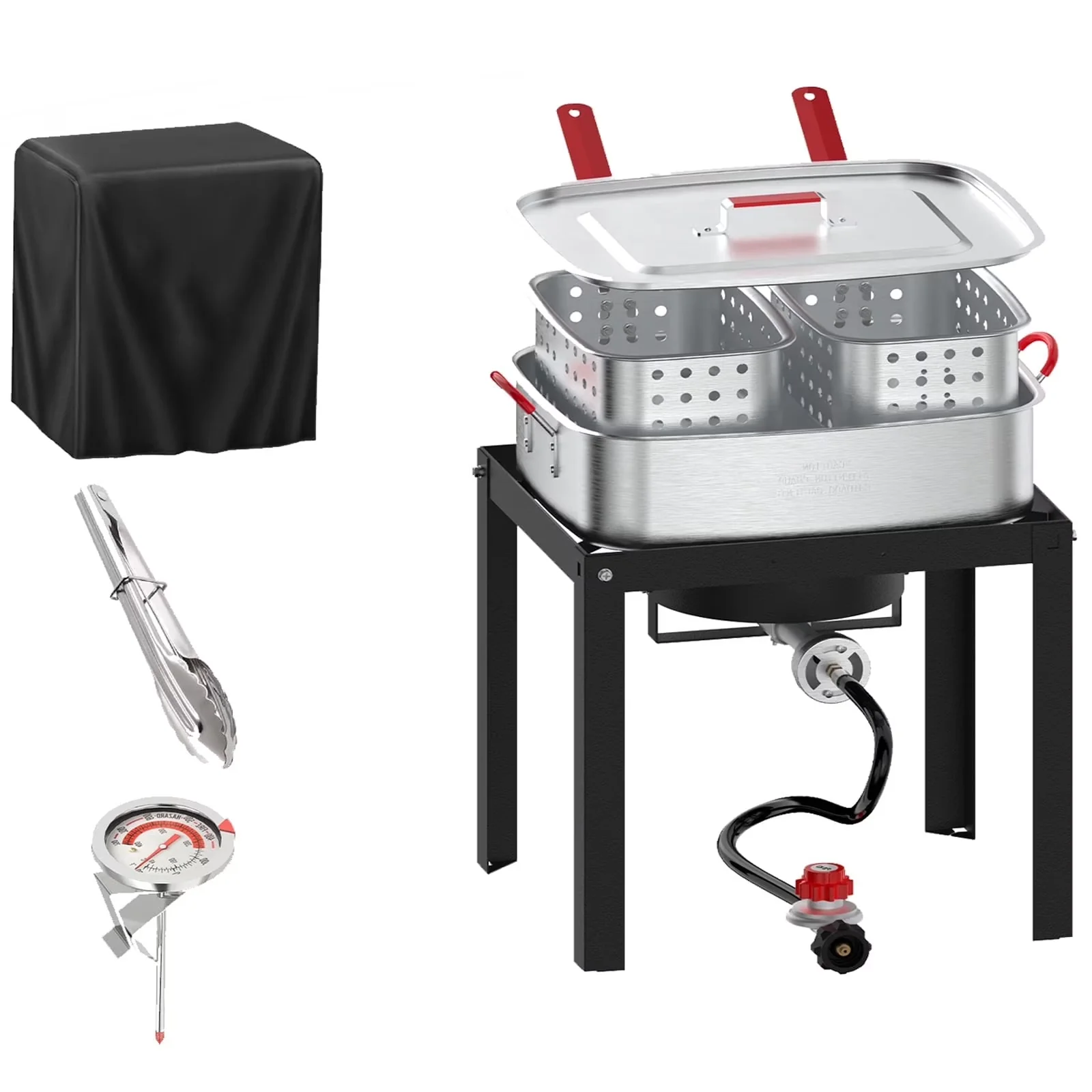 Sleek Outdoor Fryer with 50000 BTU, Adjustable Regulator - Silver Aluminum Model 2E2622
