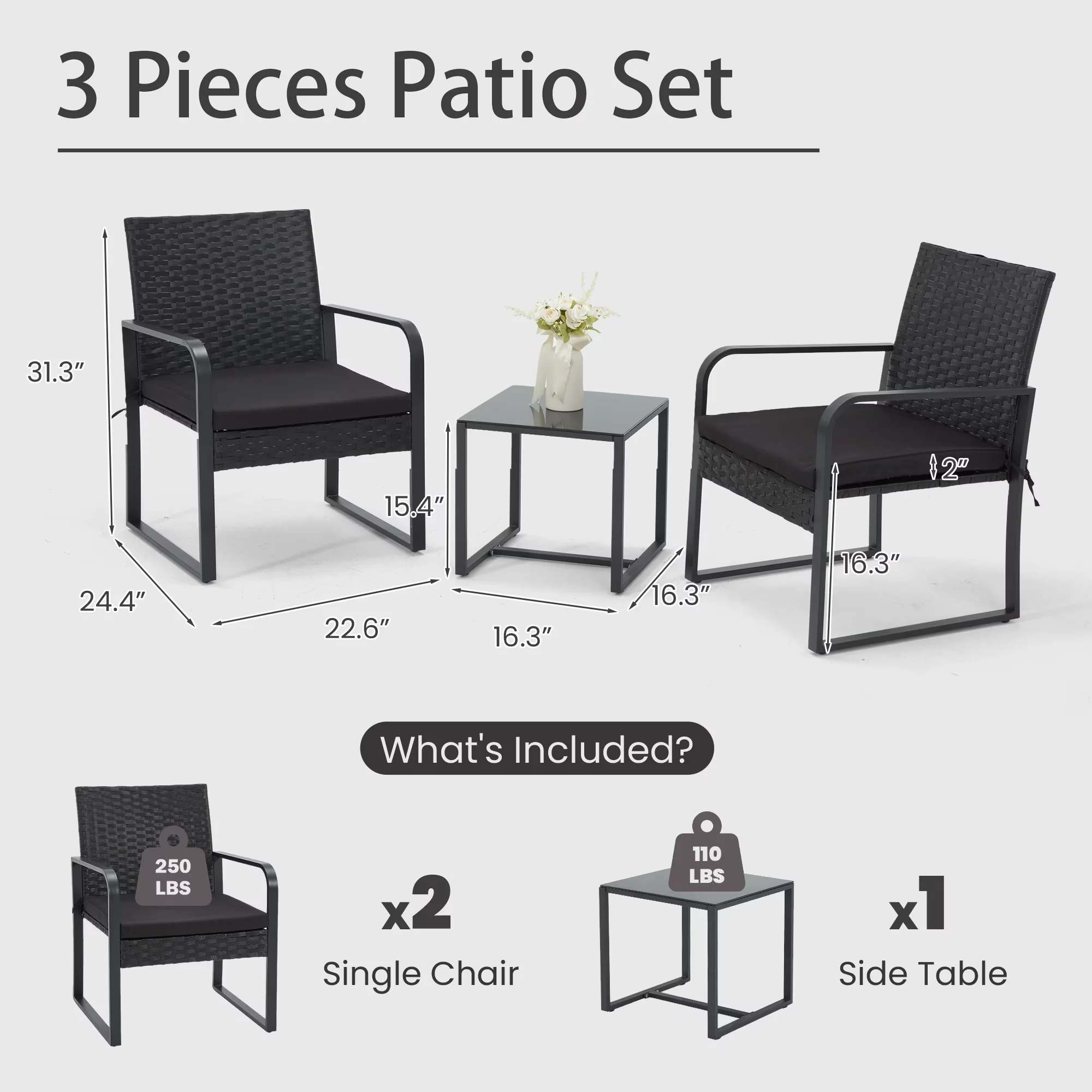 Classic Patio Dining Set with Waterproof, Black (Round Arm) - Metal, Pe Rattan, Glass Black(Round Arm) Model 678DE4