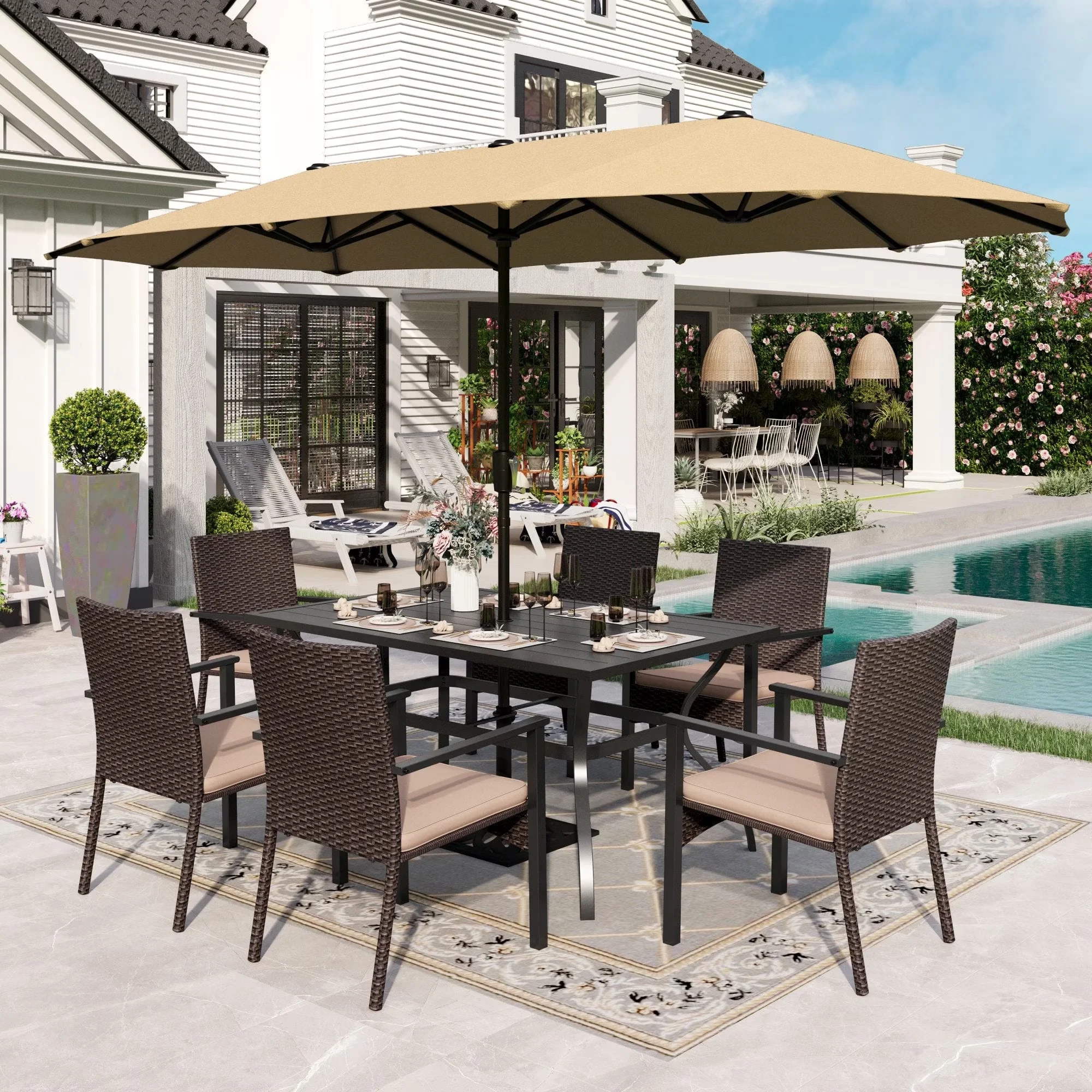 Patio Dining Set Stylish with Weatherproof, Rattan Chairs & Rectangle Table - Metal, Polyester, Rattan Beige Model C41FD3