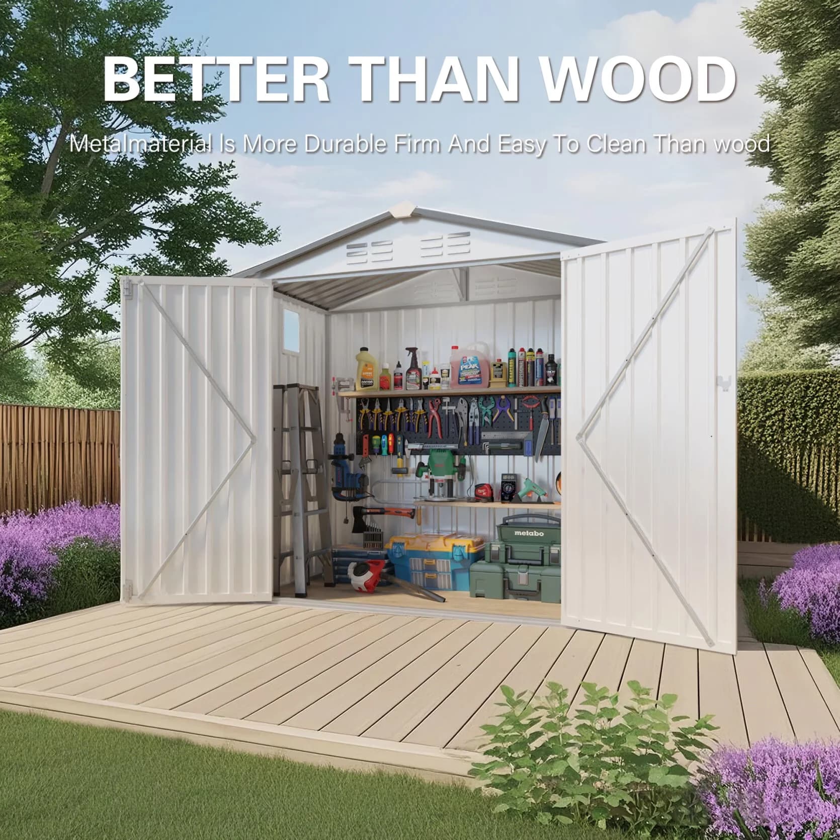 Shed Sleek with Waterproof, Rust Resistant, Lockable Door - White Metal for Garden Model 46E0F5