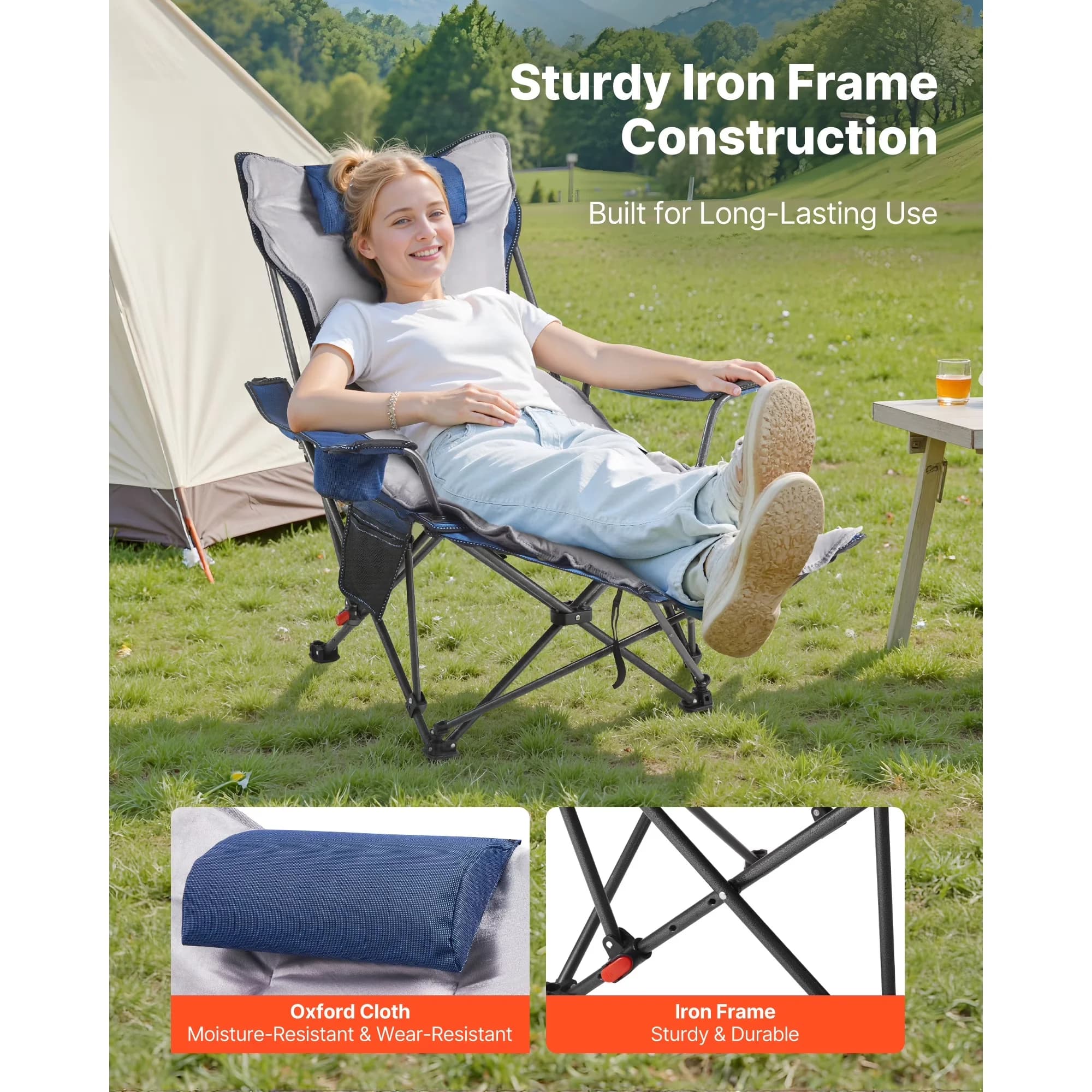 Premium Beach Chair with Adjustable, Folding, Reclining Camping - Grey Model 3B114F