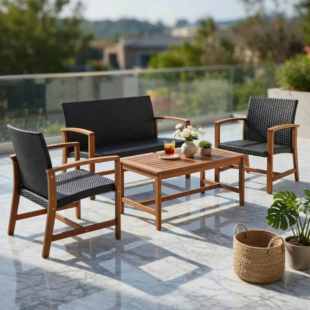 Stylish Patio Conversation Set with Weatherproof, 3 Pieces Rattan Bistro Furniture - Brown Pe Rattan, Acacia Wood, Stee Model 3B3CC7