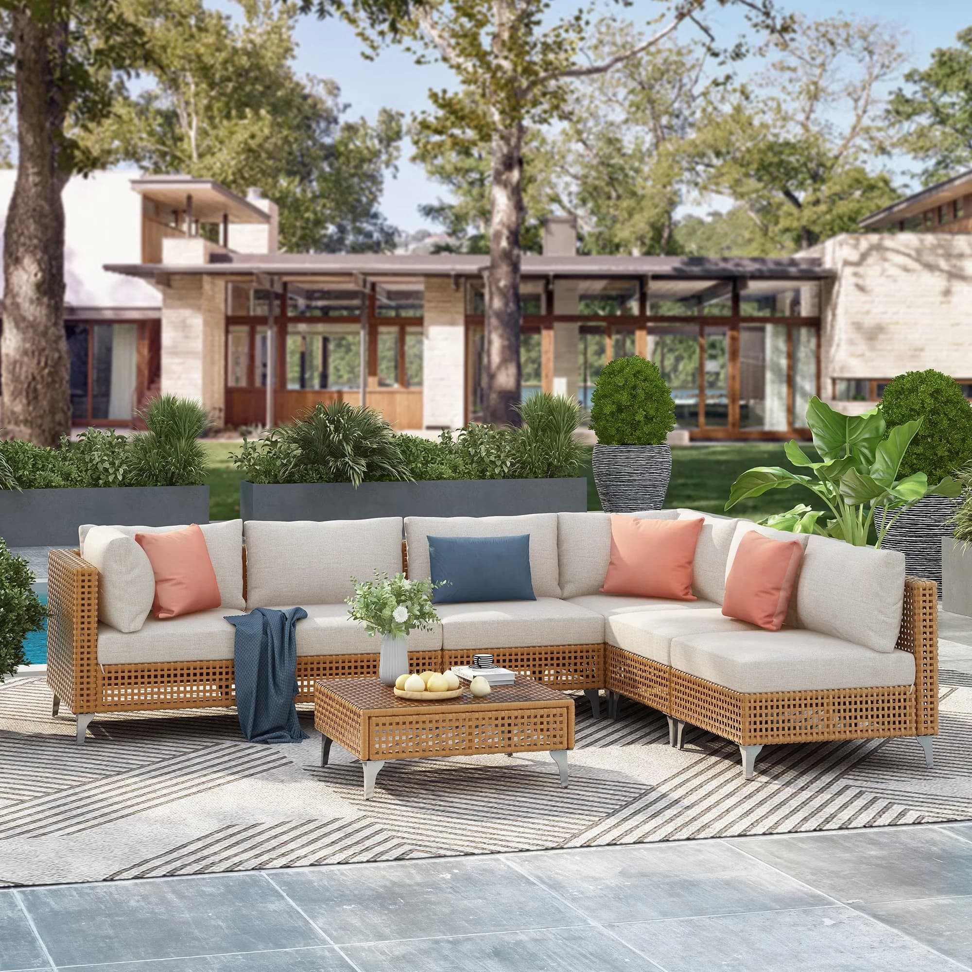 Premium Patio Conversation Set with Storage, Beige Thick Cushions, 7pcs Luxury Furniture - Pe Rattan+Steel+Polyester... Model 52A52D
