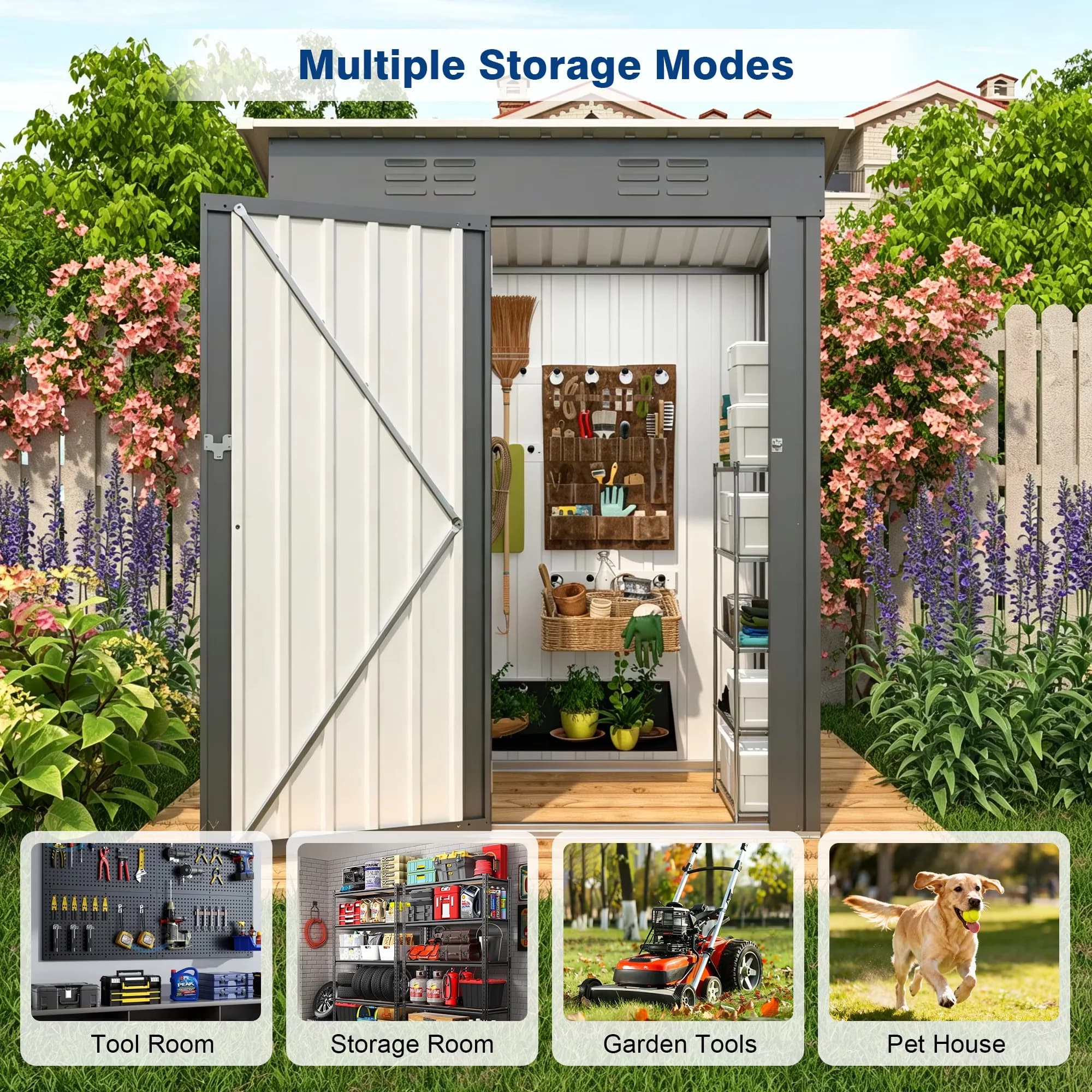 Compact Shed with Lockable Door, Rust Resistant, Rot Resistant - Gray Metal for Patio, Garden Model 479E09