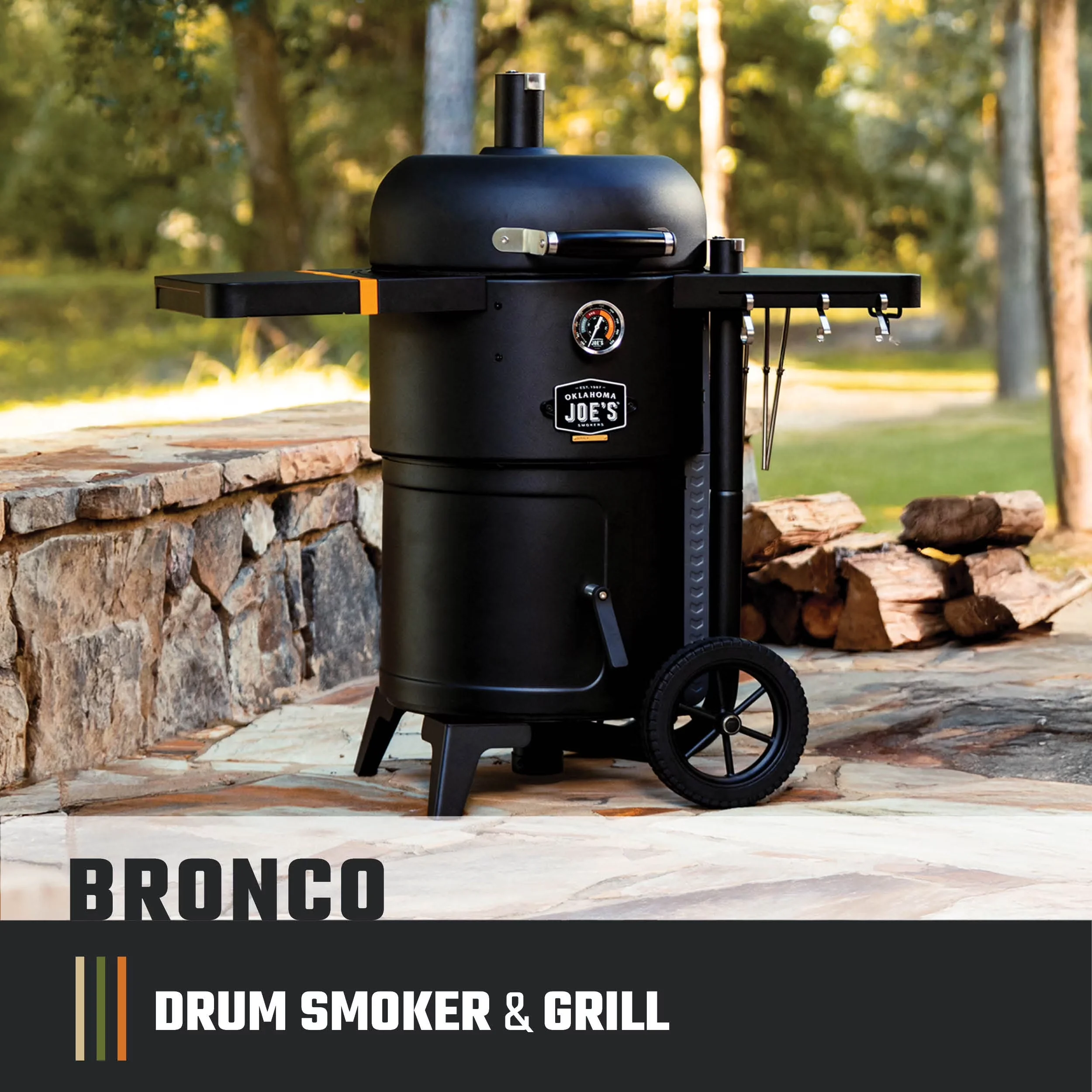 Smoker Reliable with Tool Holder, Grease Pan - Heavy Duty Steel Black Bronco Model 3F86CC