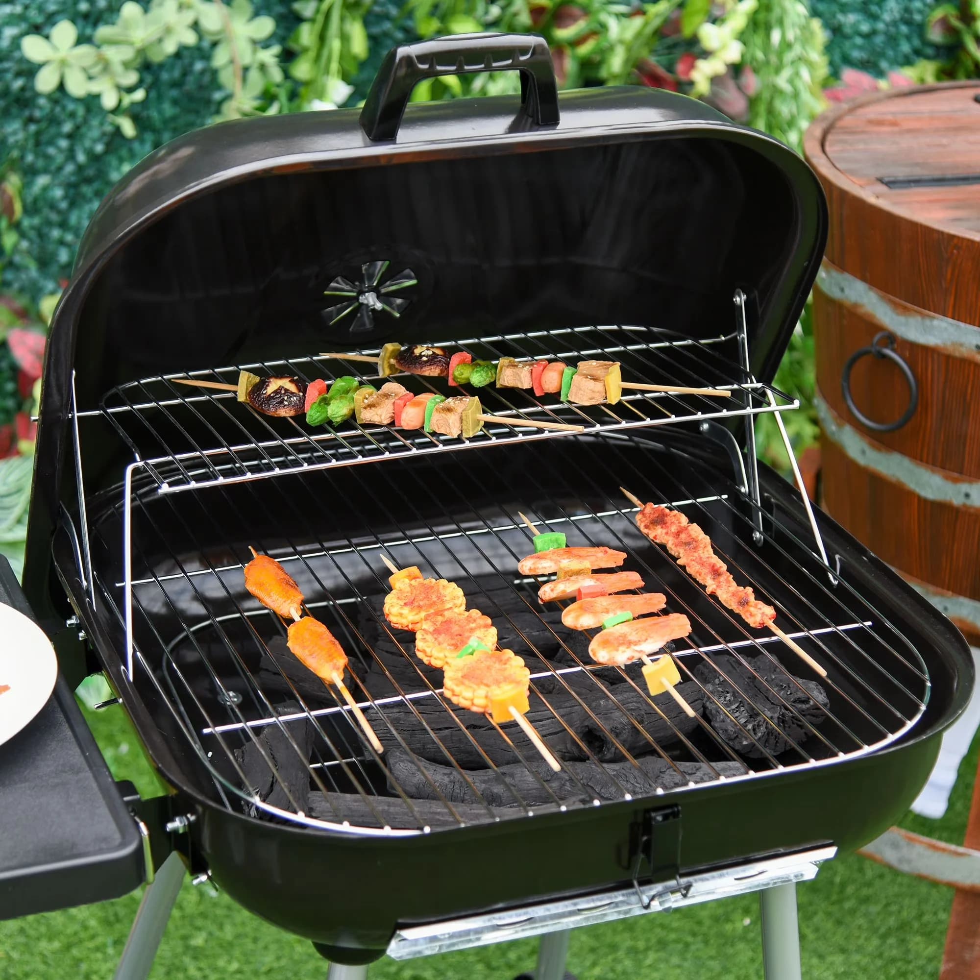 Reliable Flat Top Grill with Warming Rack, Portable, 21" Portable Charcoal BBQ & Smoker - Steel Black Model 6BEE57
