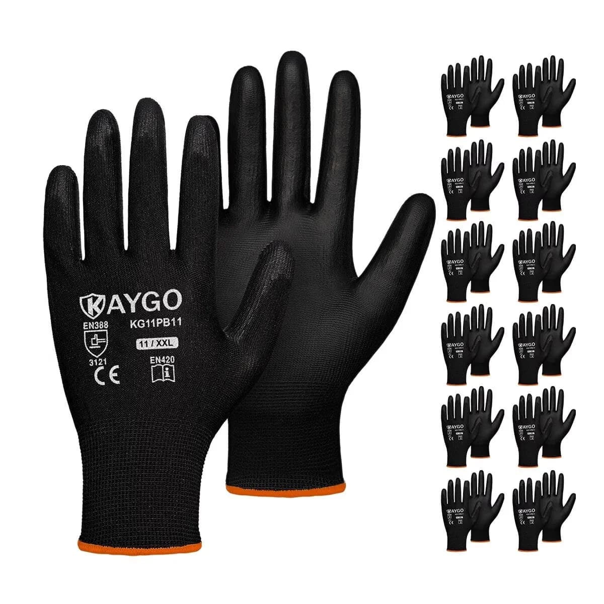 Quality Protective Equipment with Safety Cuff, 12 Pairs, PU Coated Seamless Knit Gloves - Black Polyester Model 5BD9A7