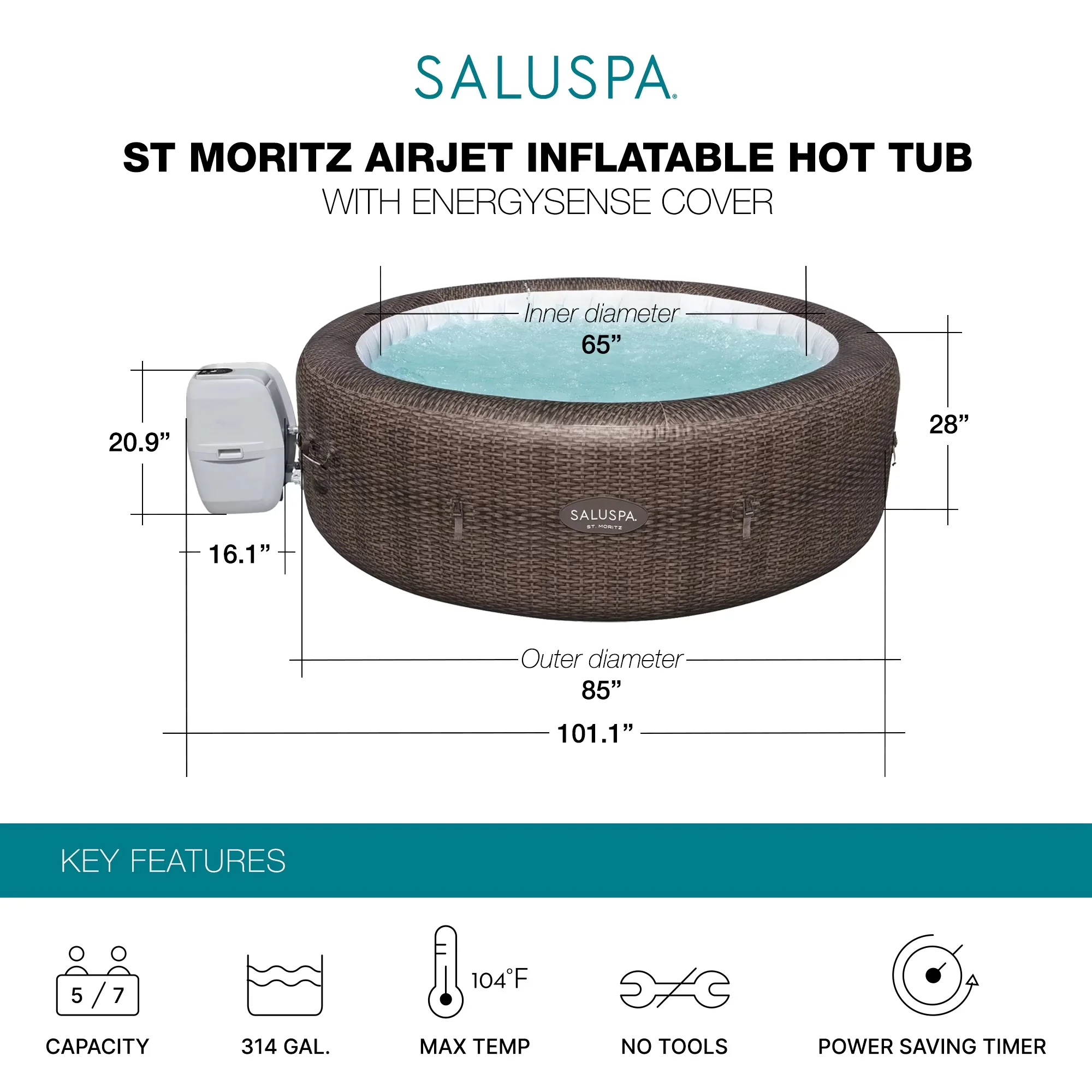 Hot Tub Sleek with Inflatable, Coleman St Moritz - Gray - Universal Fit Model 5F3AAA
