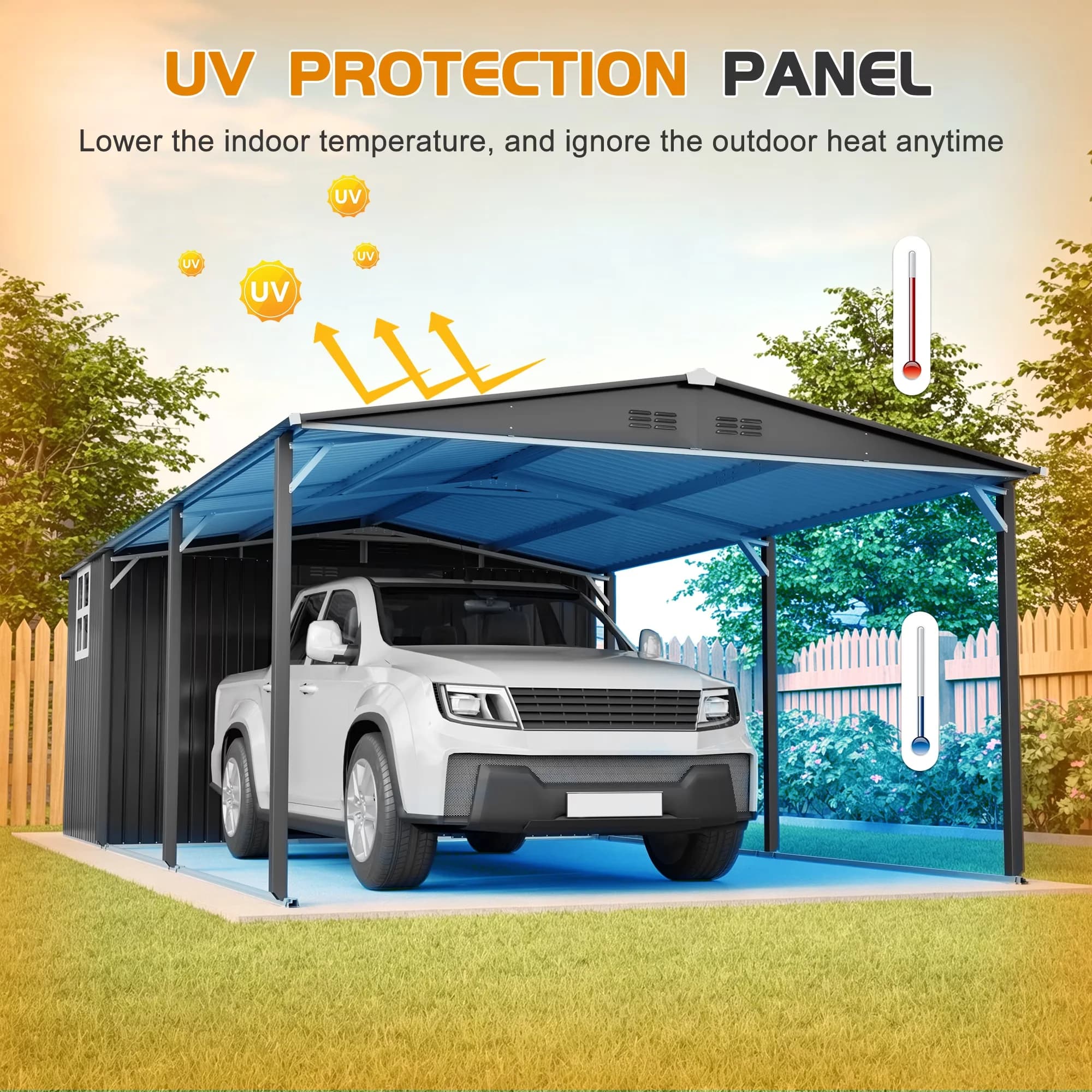 Modern Shed with Heavy Duty Steel Garage, Grey, Sliding Door - 12*23 Ft Carport Metal Model 003B5E
