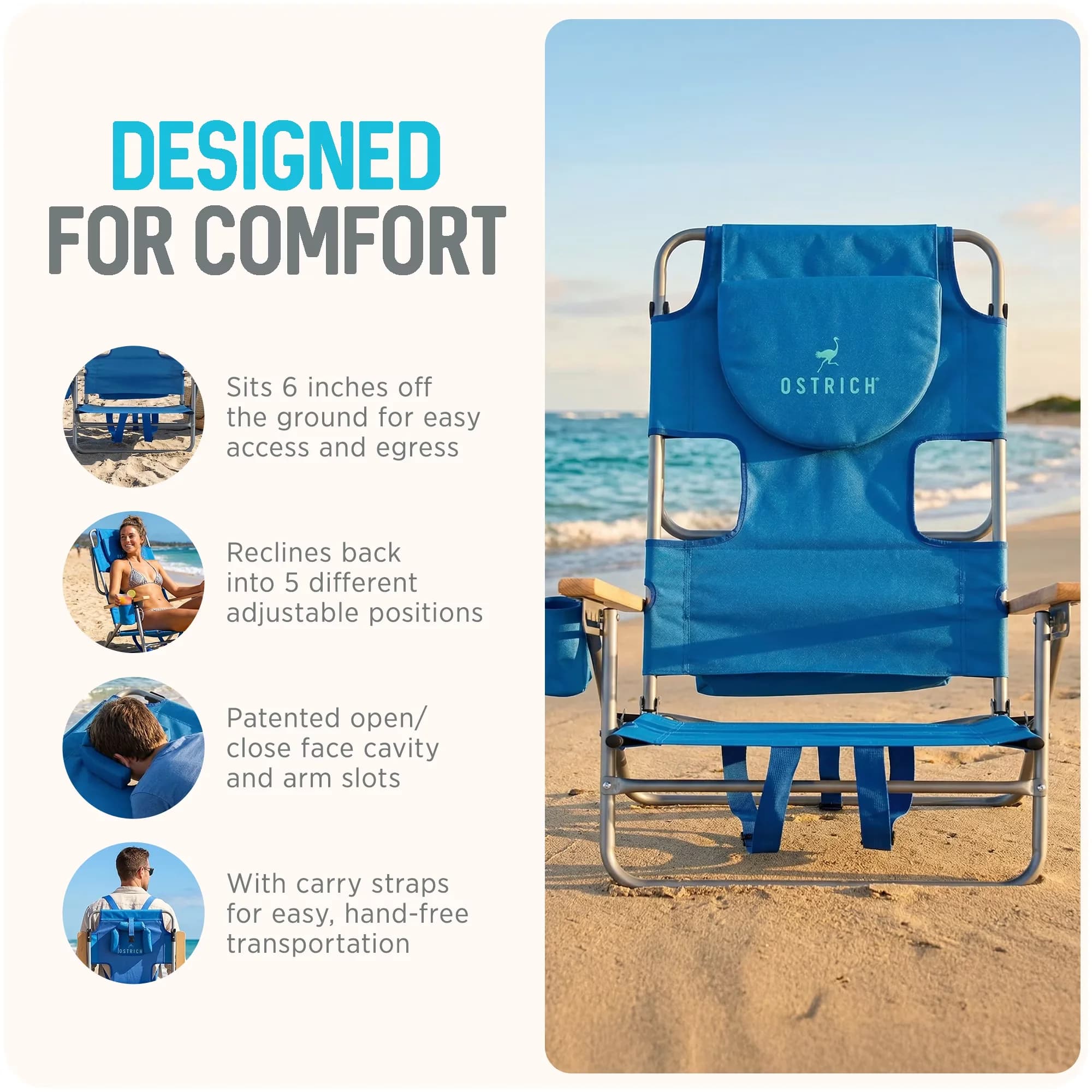 Efficient Beach Chair with Folding, Face Hole & Cup Holder, The Tommy-O Backpacker - Blue Model 4B32D5