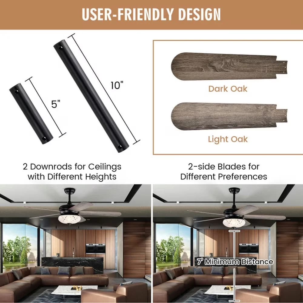 Versatile Ceiling Fan with Remote Controlled, 52 Inches, Remote Control-Oak - Gray Model 49B862