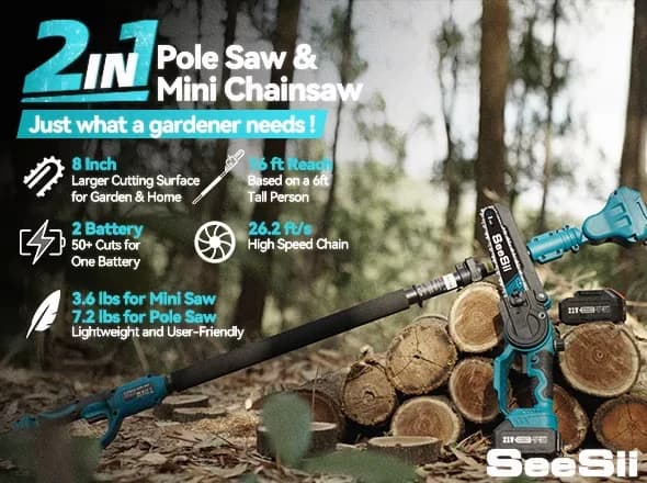 Quality Chainsaw with Battery, Replaceable Cutting Blade, 2 in 1 Cordless 8 inch Pole Saw & Mini - Model E6D310